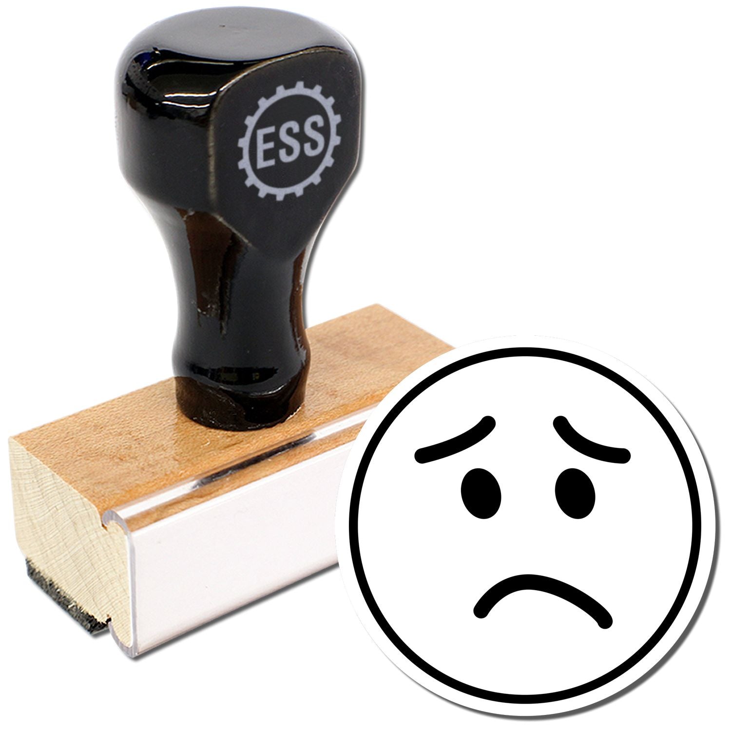 Round Sad Face Rubber Stamp with a wooden handle and black grip, featuring a sad face imprint next to the stamp.