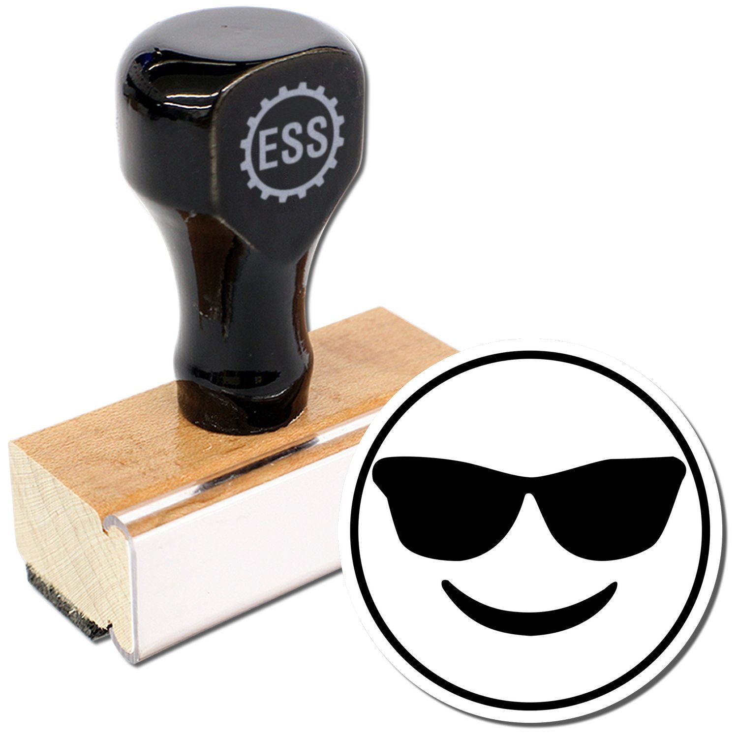 Round Smiley with Sunglasses Rubber Stamp featuring a black handle with ESS logo and a stamped image of a smiley face with sunglasses.