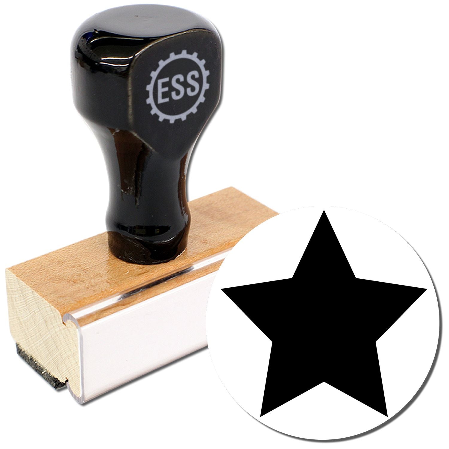 Round Solid Star Rubber Stamp with a black handle and wooden base, featuring a bold black star imprint on a white background.