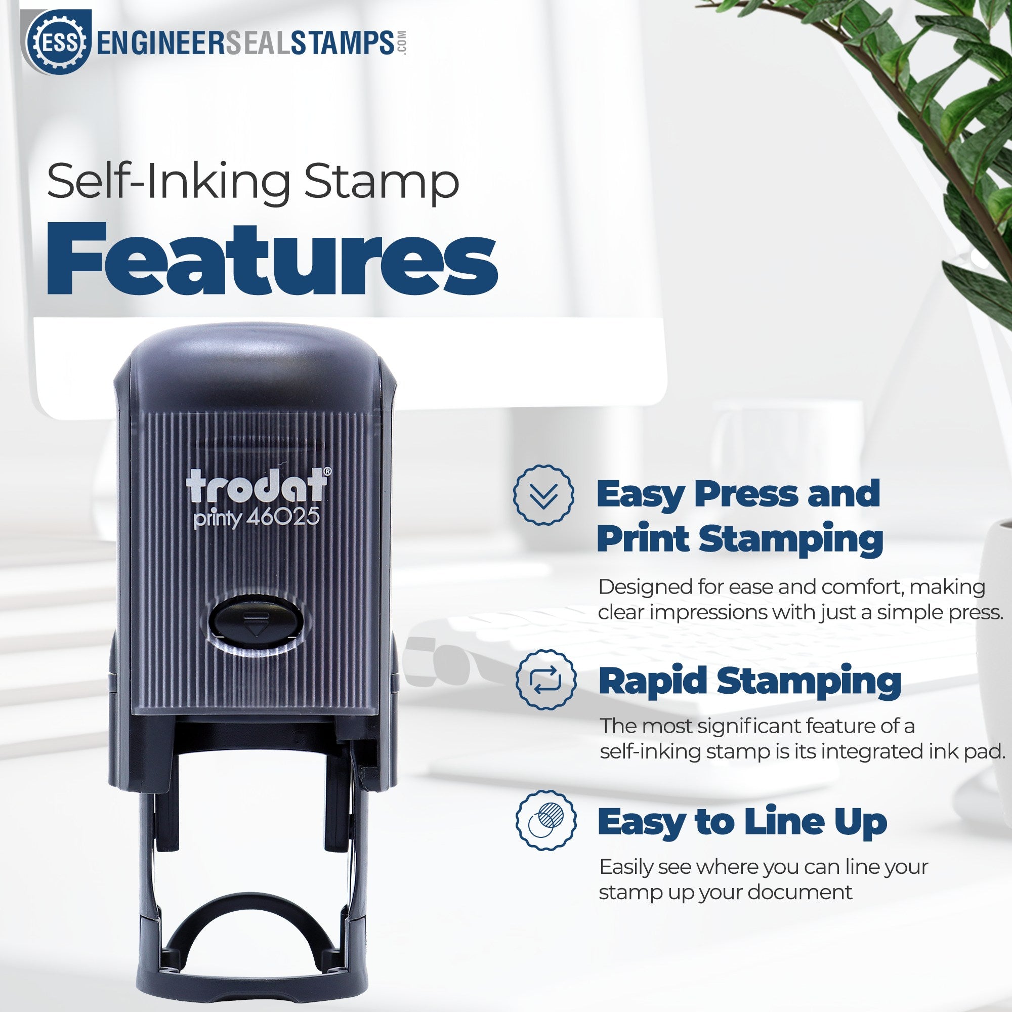 Self-Inking Happy Face Smiley Stamp with easy press and print design, featuring a built-in ink pad for rapid stamping and easy alignment. Ideal for quick, clear impressions.