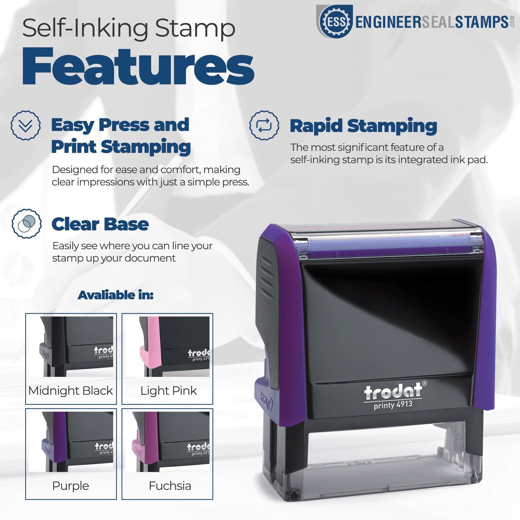 Self-inking stamp infographic featuring the South Carolina Self-Inking State Love Address Stamp. Highlights include easy press, rapid stamping, and clear base. Available in four colors.