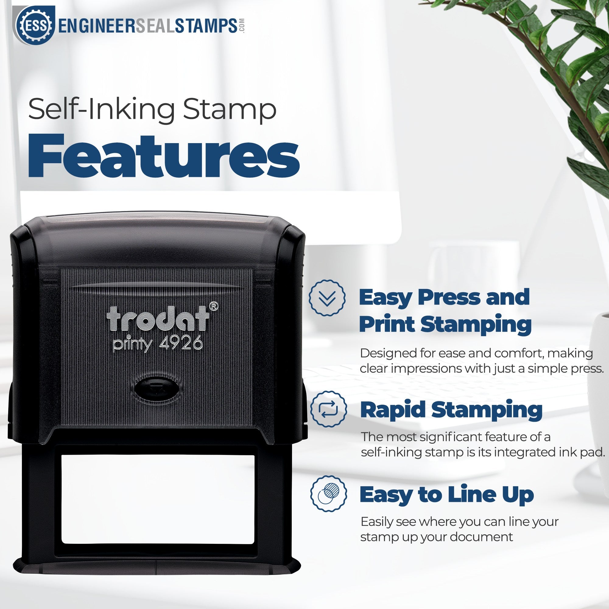 Self-Inking Handle With Care Stamp featuring a black Trodat printy 4926 design, highlighting easy press, rapid stamping, and alignment features for efficient document marking.