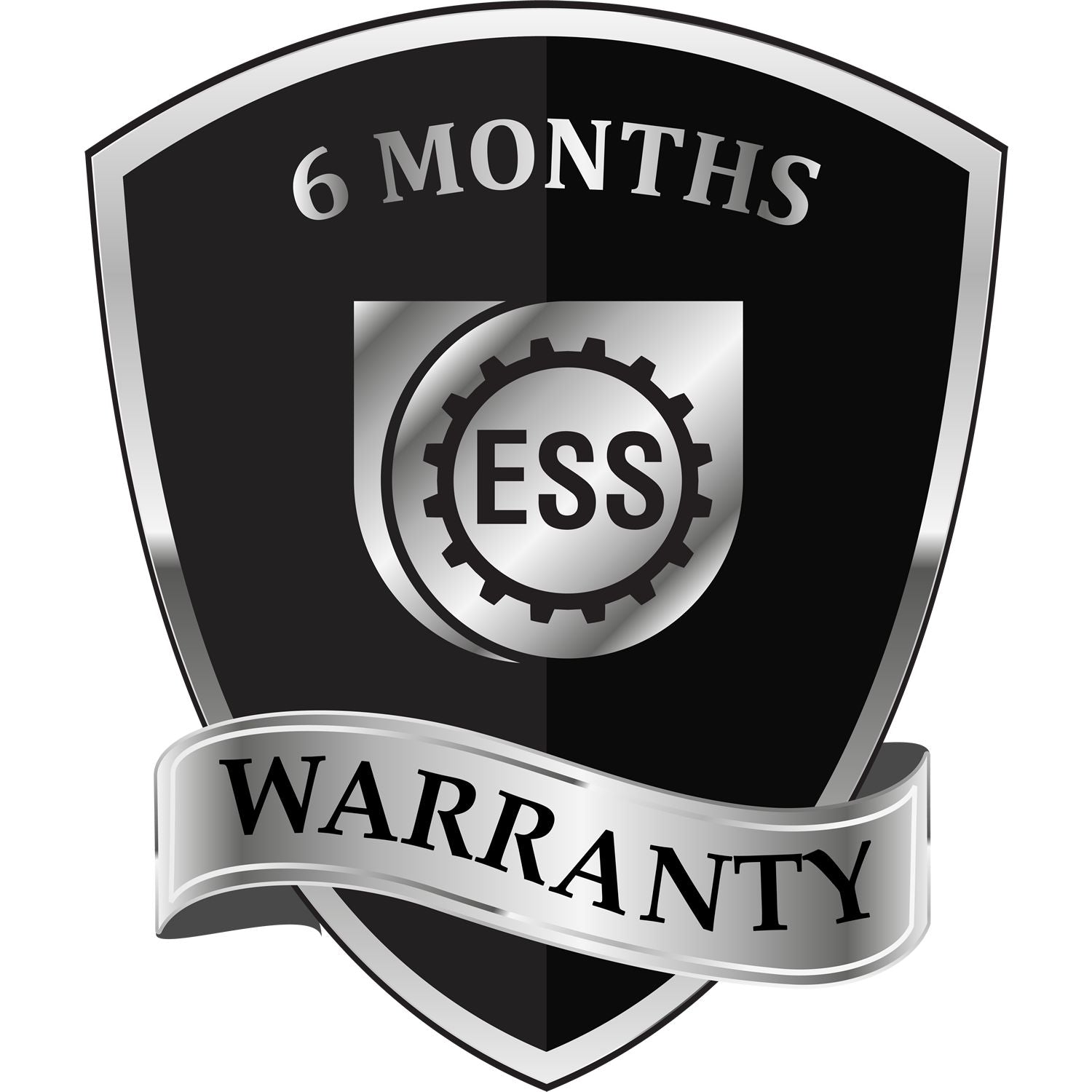 6-month warranty badge for Slim Pre-Inked Minskin Peeking Cat Return Address Stamp, featuring a black and silver shield with ESS gear logo and a silver ribbon stating Warranty.