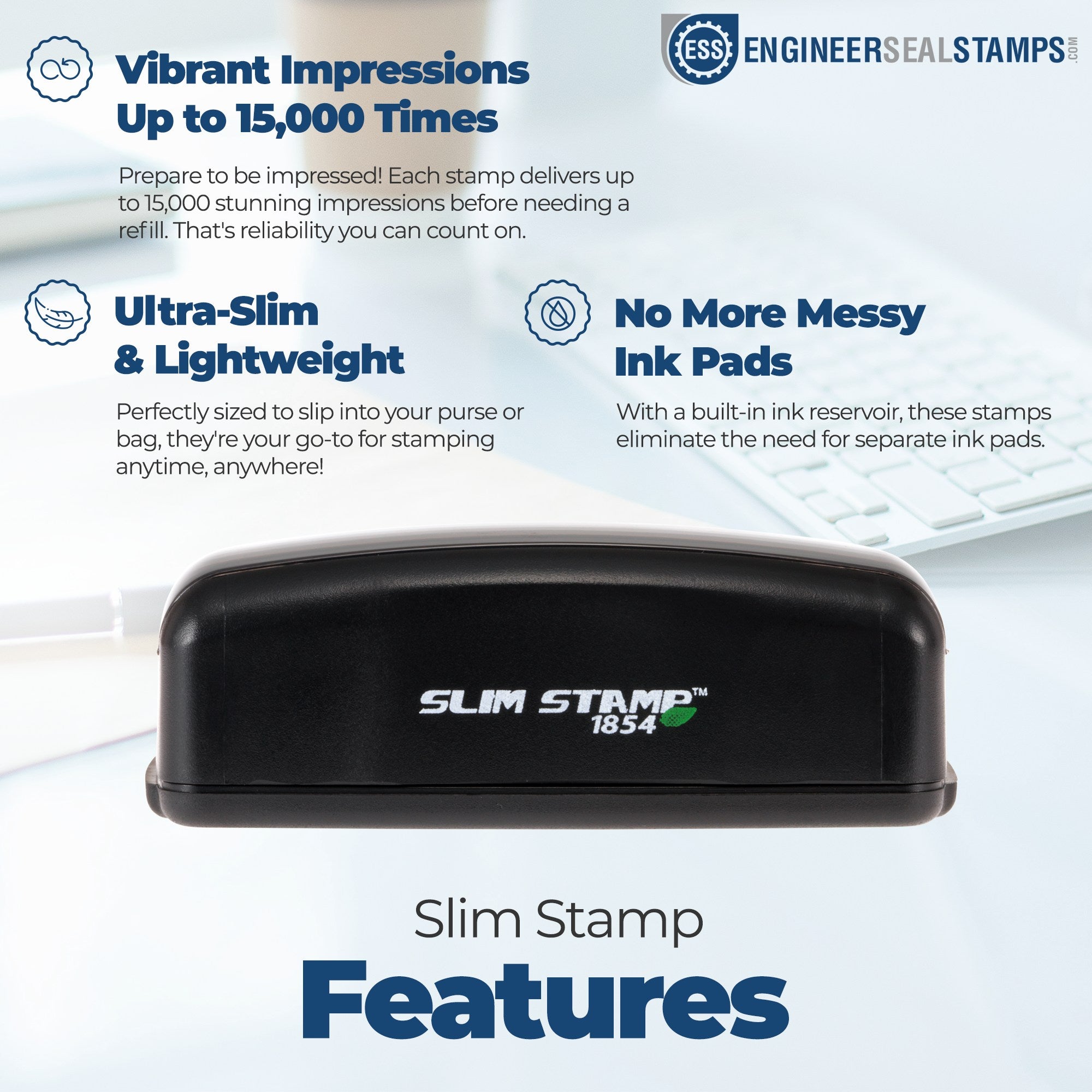 Image showing the Slim Montana Customized Pre-Inked Address Stamp with features: vibrant impressions up to 15,000 times, ultra-slim and lightweight design, and no need for messy ink pads.