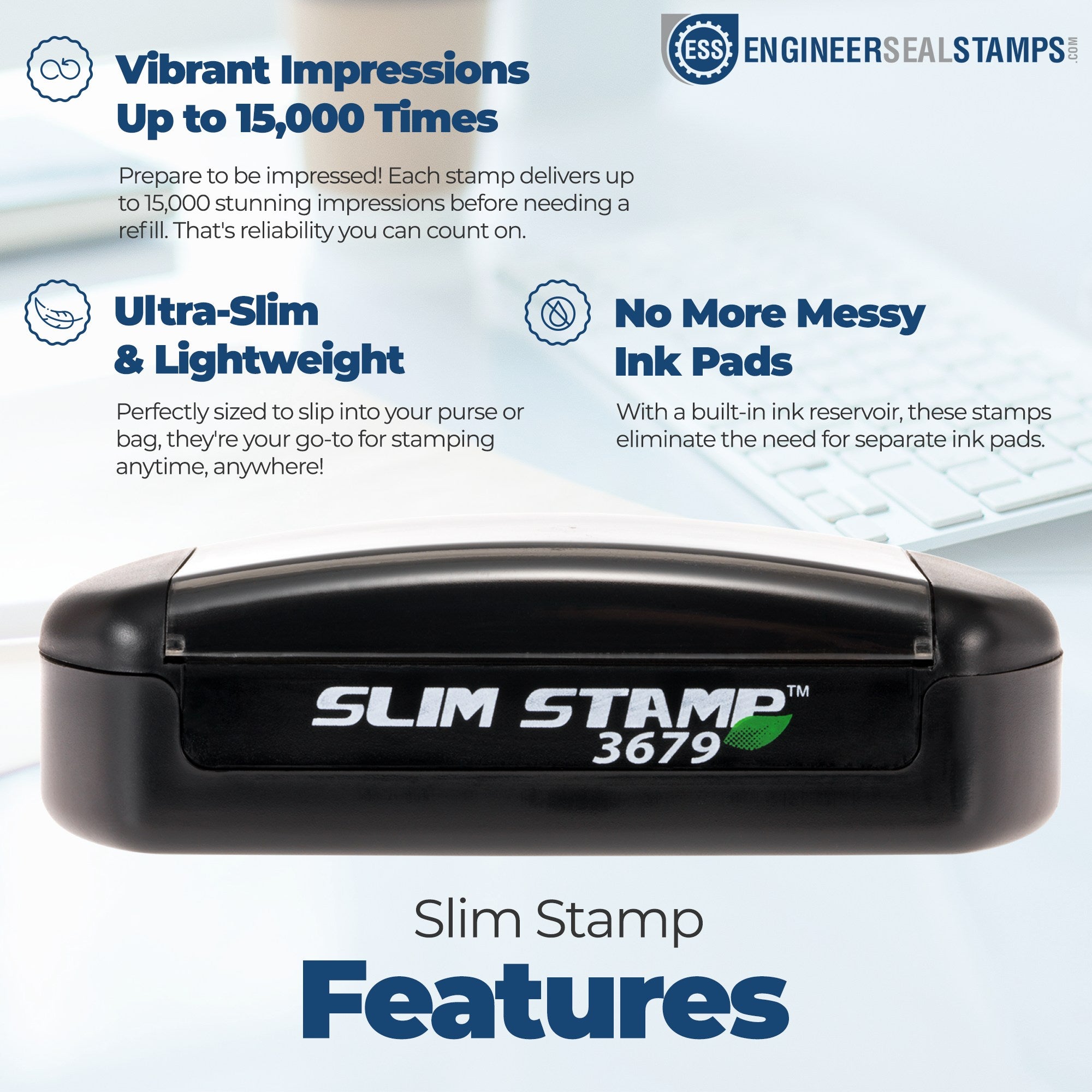 Image of the Slim Pre-Inked Recycle Symbol Stamp, featuring a sleek black design with Slim Stamp 3679 branding. Highlights include vibrant impressions, ultra-slim build, and no ink pad needed.