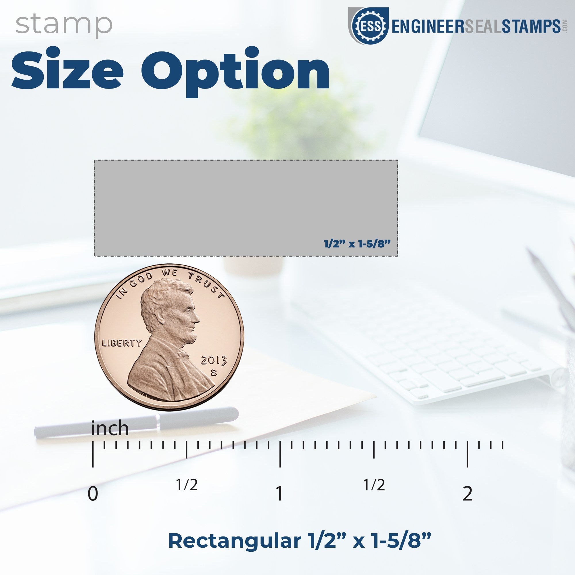 Blue Personal Xstamper Stamp impression size, placed above a ruler. A penny coin is shown for additional size comparison.