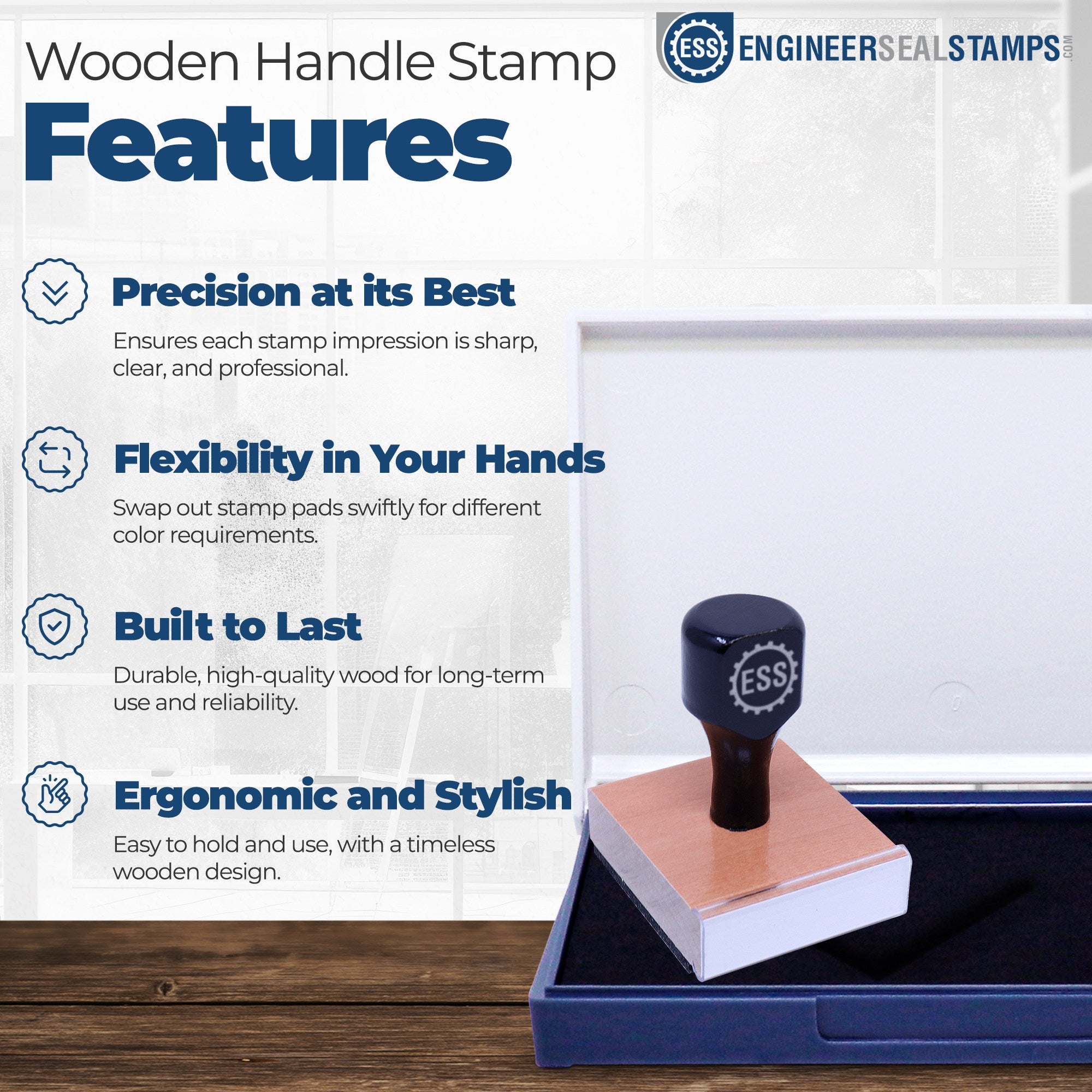 Made with Love in Maine Rubber Stamp with wooden handle, showcasing precision, flexibility, durability, and ergonomic design. Ideal for professional use with a stylish wooden finish.