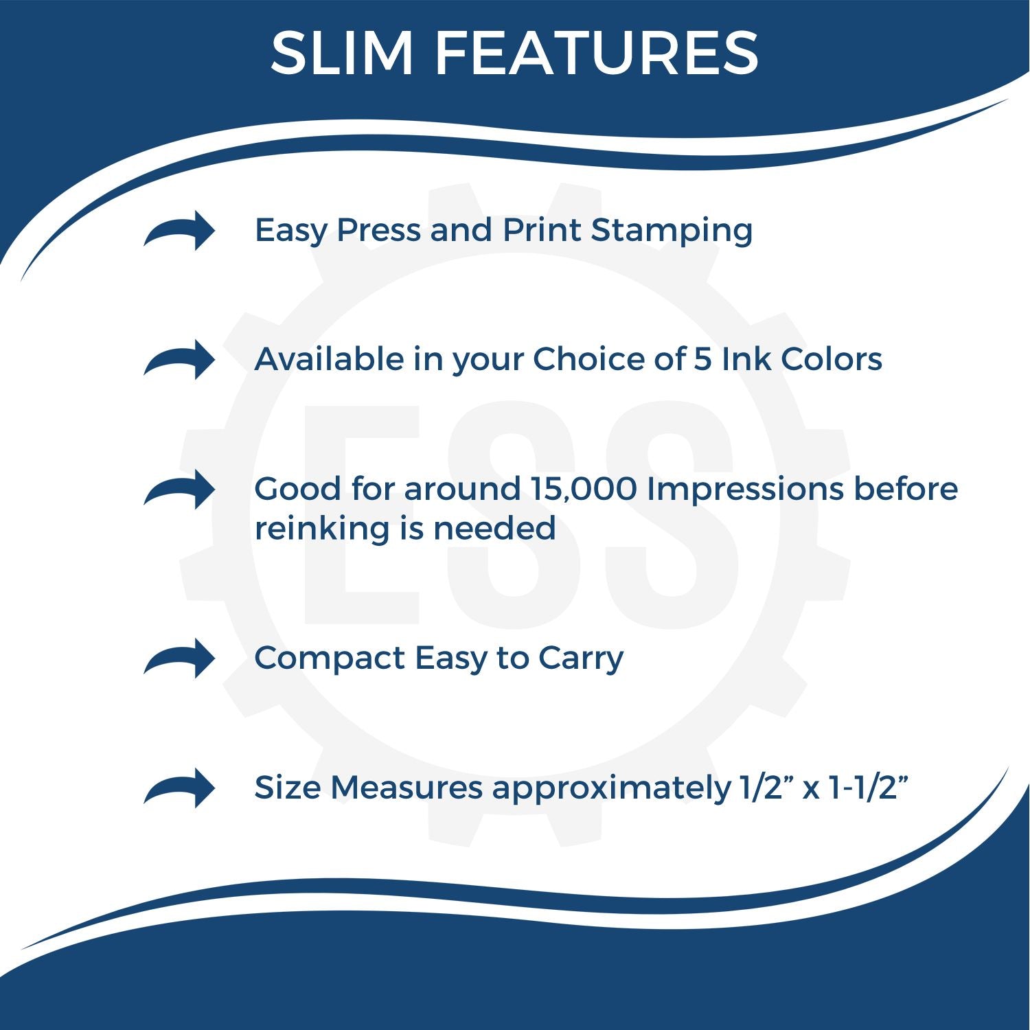 Image showing features of the Slim Pre-Inked Special Services Stamp: easy press, 5 ink colors, 15,000 impressions, compact, 1/2” x 1-1/2” size.