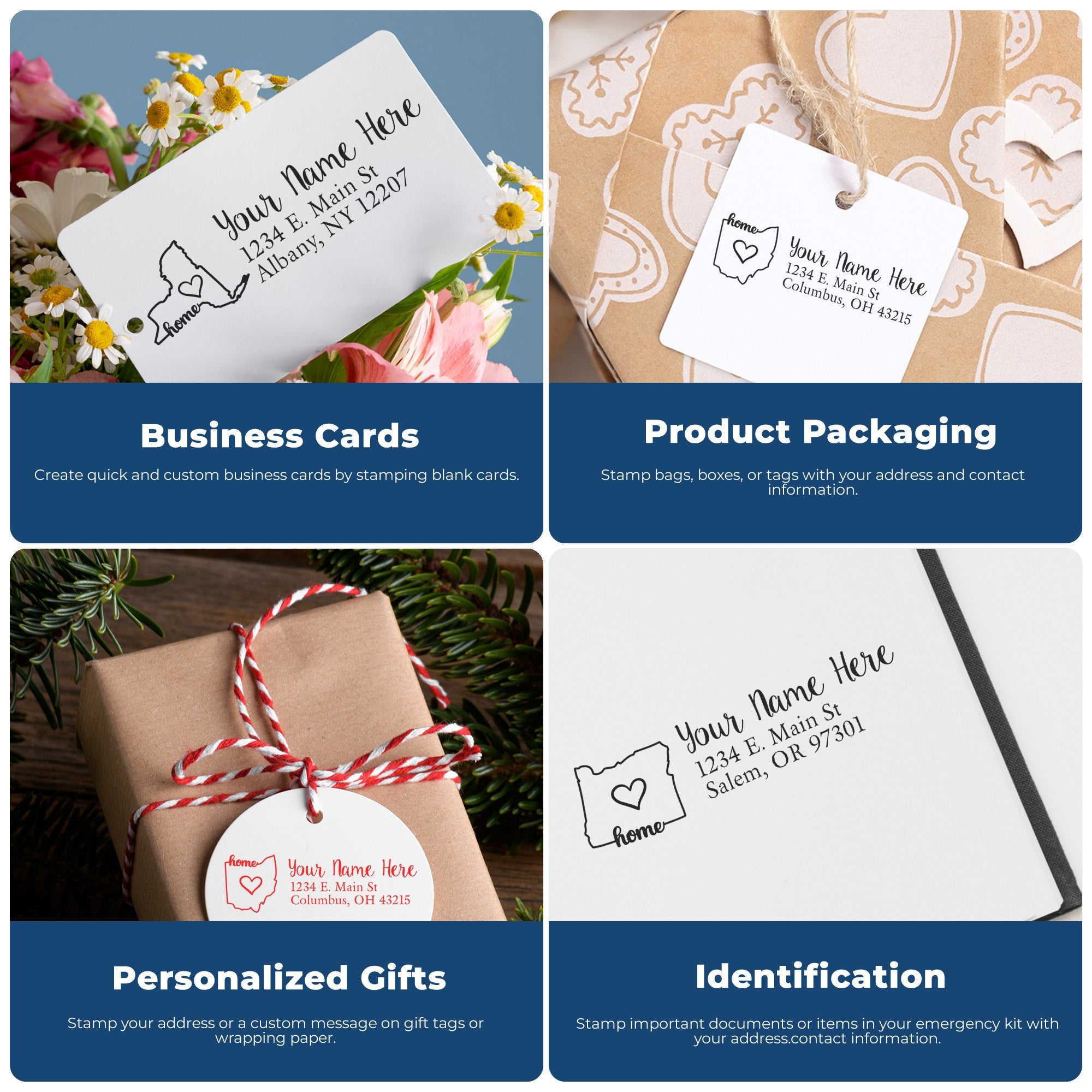 Four images showing the Wood Handle Oklahoma Custom Address Rubber Stamp used on business cards, product packaging, personalized gifts, and identification tags, each with a heart and address design.