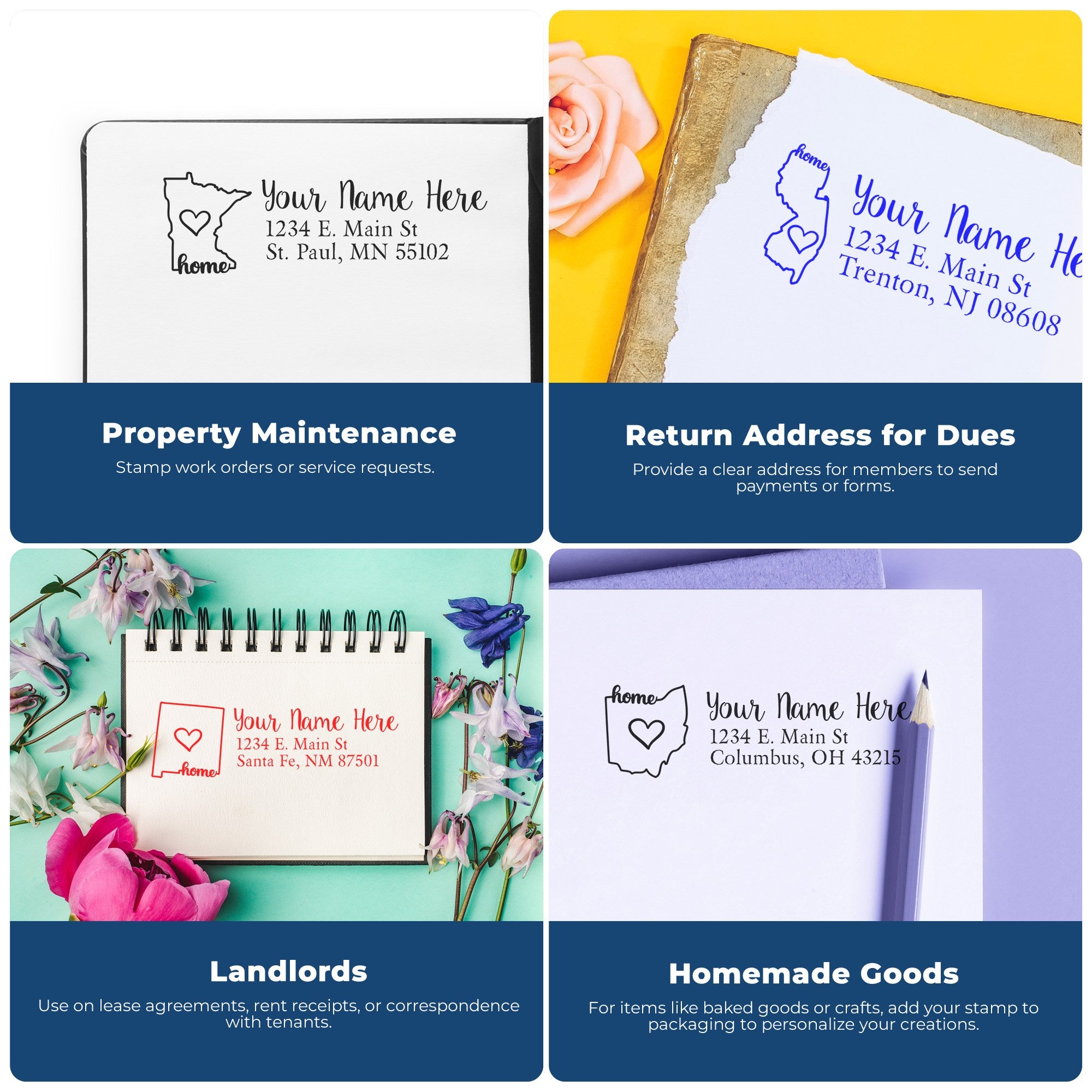 Four examples of the Nevada Self-Inking State Love Address Stamp in use: property maintenance, return address for dues, landlords, and homemade goods. Each stamp features a heart and state outline.