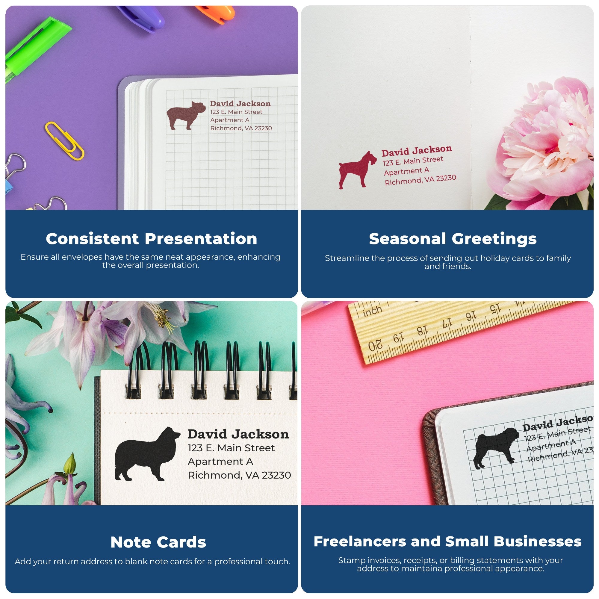 Infographic showcasing the Slim Pre-Inked Whippet Address Stamp in various uses: consistent presentation, seasonal greetings, note cards, and for freelancers and small businesses.