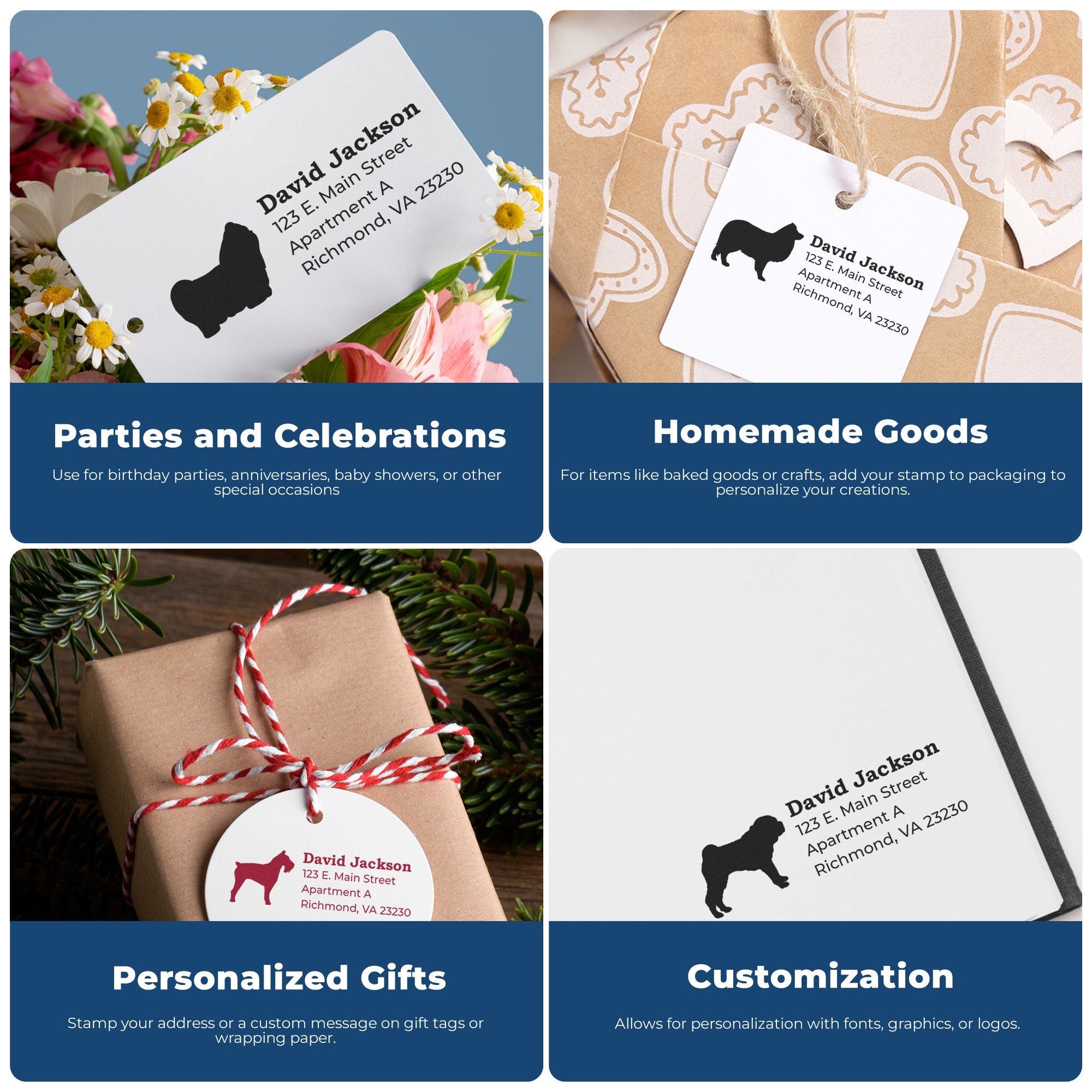 Image showing a Basset Hound Silhouette Address Rubber Stamp used on various items: party invitations, homemade goods tags, personalized gift wrapping, and customizable stationery.