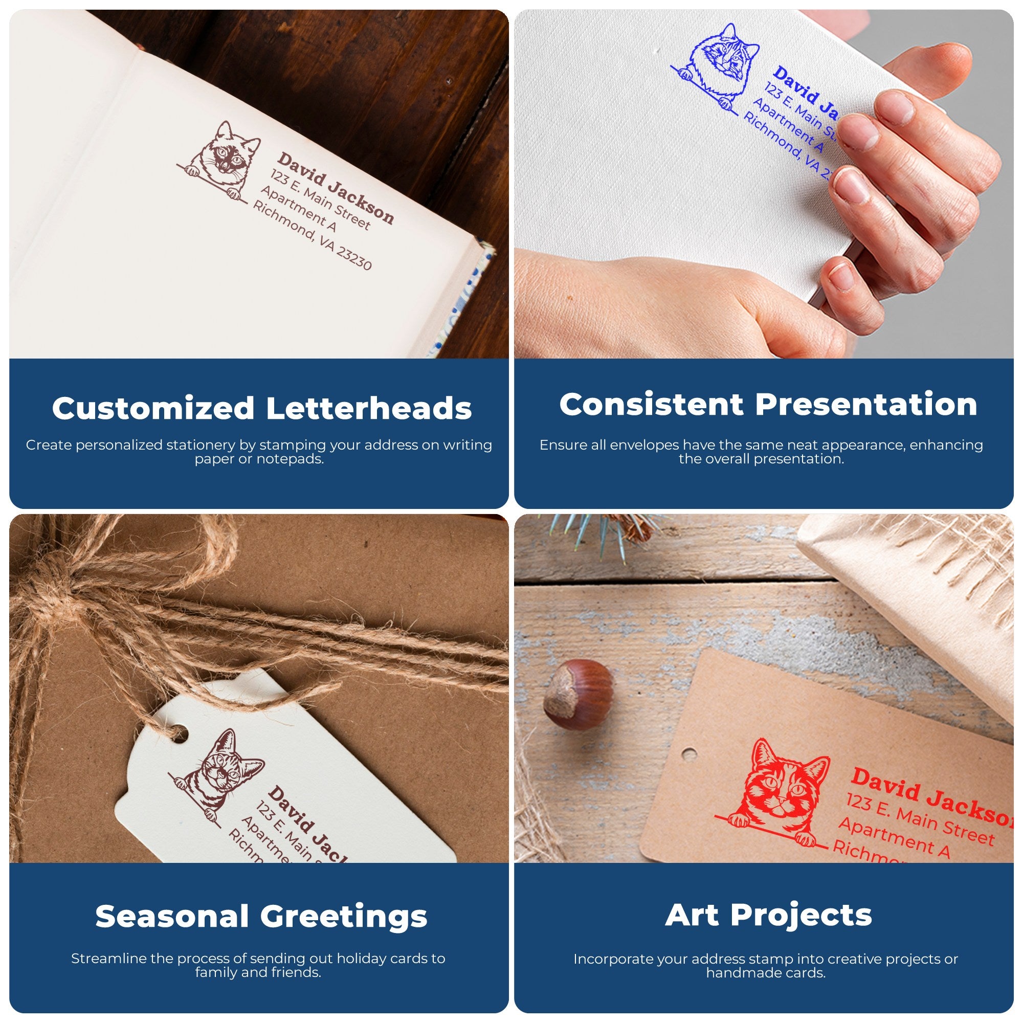 Four images show the Wood Handle American Wirehair Cat Address Stamp used on letterheads, envelopes, gift tags, and art projects, highlighting its versatility and consistent presentation.