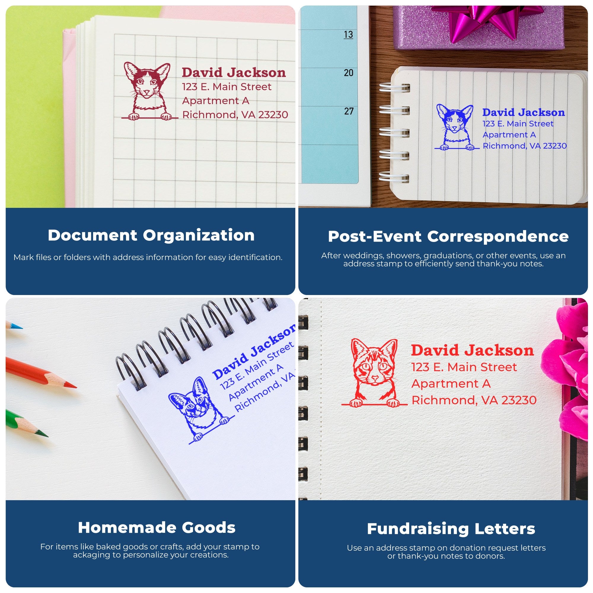 Four images show the Self-Inking Munchkin Custom Address Stamp used on notebooks and cards for document organization, post-event correspondence, homemade goods, and fundraising letters.