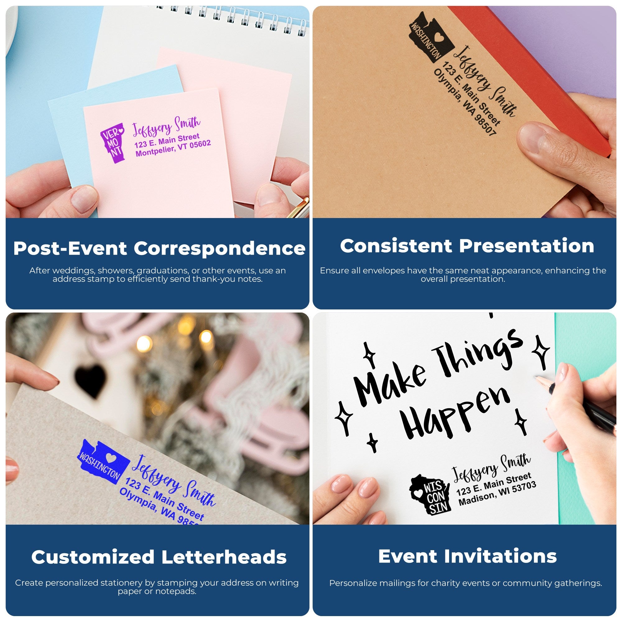 Image showing the State Love of Delaware Custom Address Stamp Self-Inking used on envelopes and stationery for post-event correspondence, consistent presentation, customized letterheads, and event invitations.