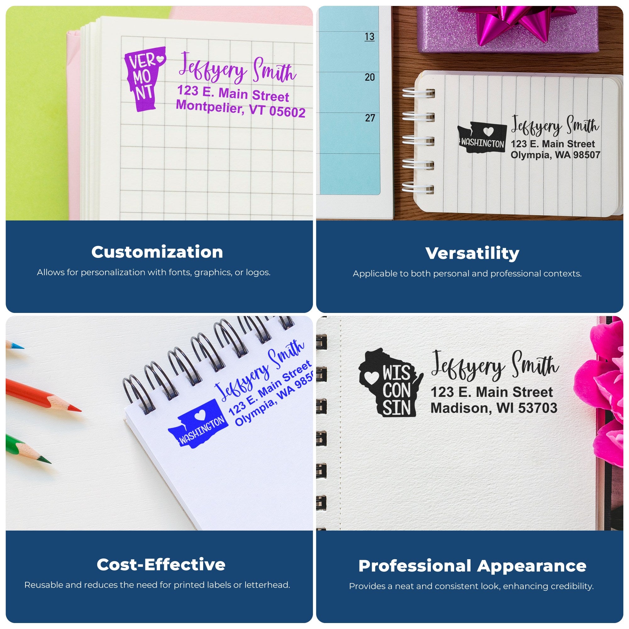 Image showing four personalized address stamps on notebooks, highlighting customization, versatility, cost-effectiveness, and professional appearance. Features the Rhode Island State Love Personalized Address Stamp.