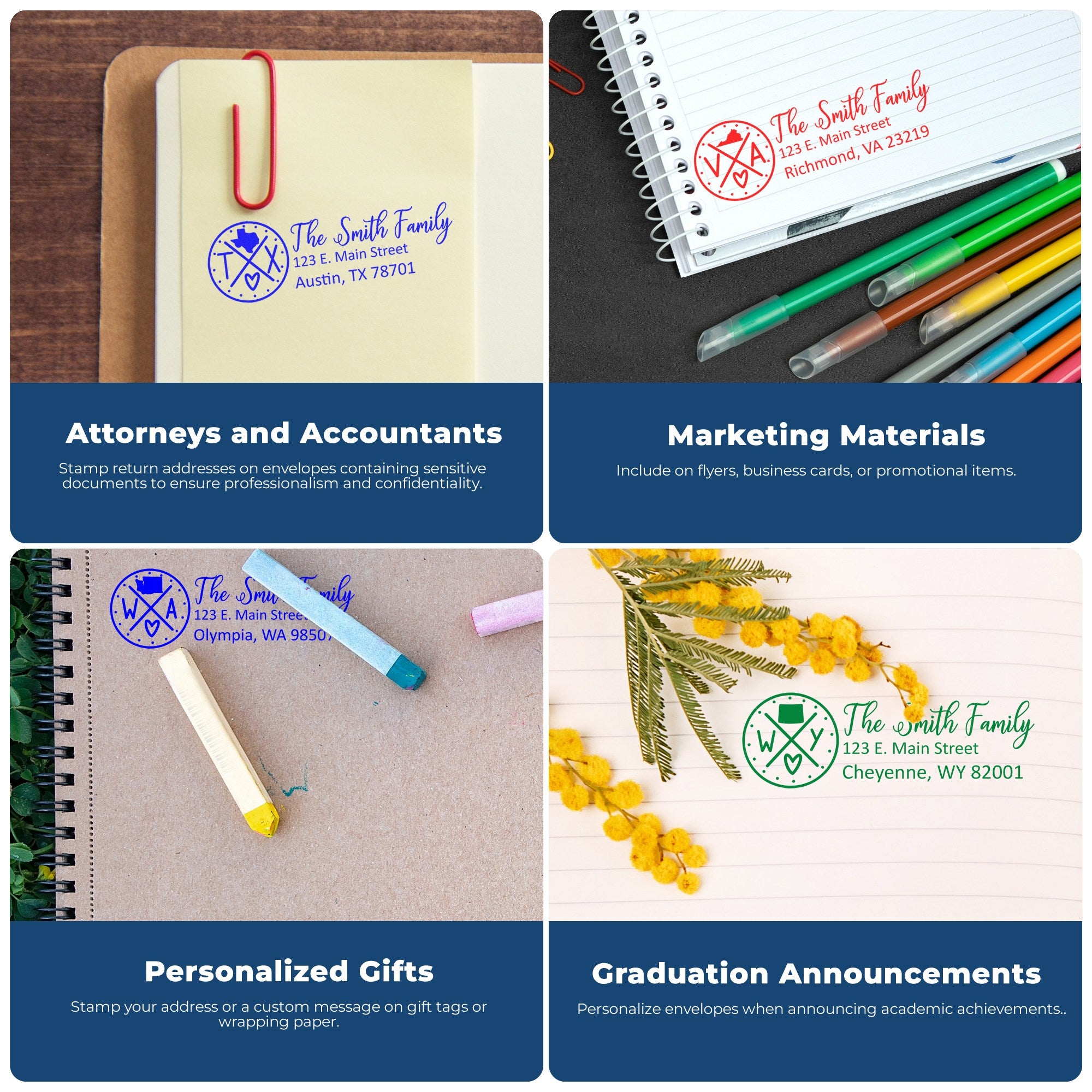 Four images showing the Slim Nevada Customized Pre-Inked Address Stamp in use on various stationery items, highlighting its versatility for attorneys, marketing, gifts, and graduation announcements.