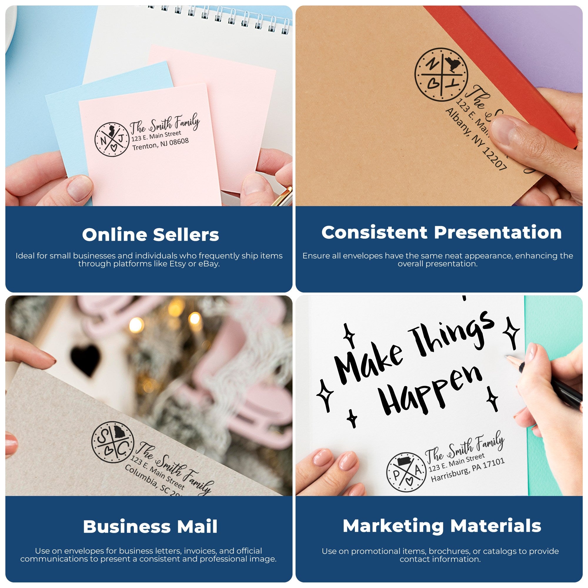 Image showing the Slim Kentucky Customized Pre-Inked Address Stamp used on envelopes and marketing materials, highlighting its benefits for online sellers, consistent presentation, and business mail.