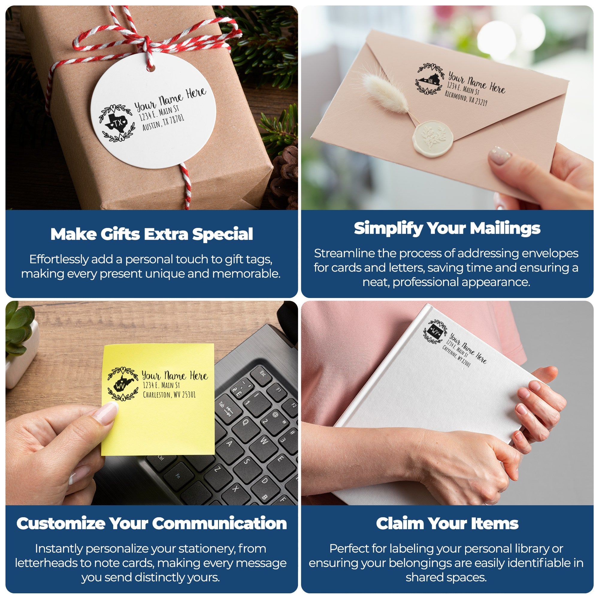 Four images showcase the Self-Inking State Wreath of Iowa Address Stamp used on gift tags, envelopes, stationery, and personal items, highlighting its versatility and personalization benefits.