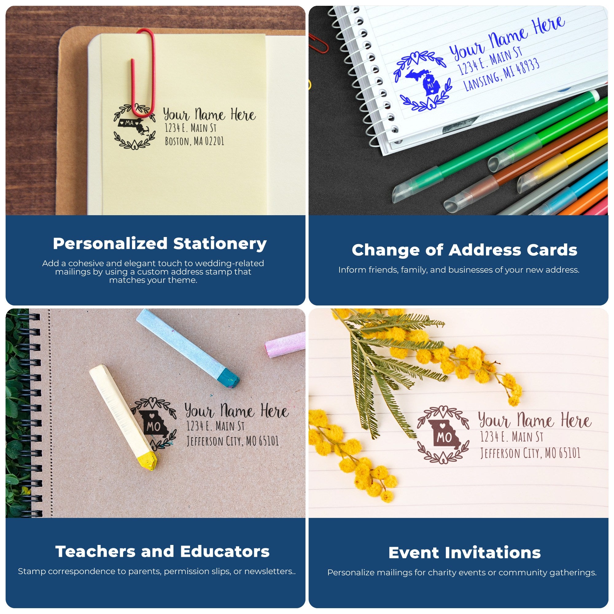 Infographic showcasing the PSI Pre-Inked Nebraska State Customized Address Stamp used on stationery, change of address cards, educational materials, and event invitations with decorative designs.