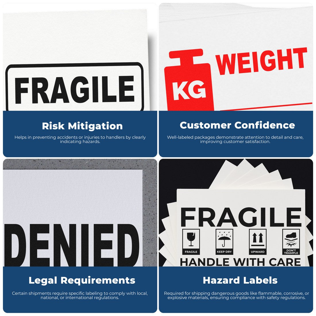 Image of Maxlight Premium Weight Label Stamp in use, featuring bold FRAGILE and WEIGHT labels, highlighting risk mitigation, customer confidence, legal requirements, and hazard labels.