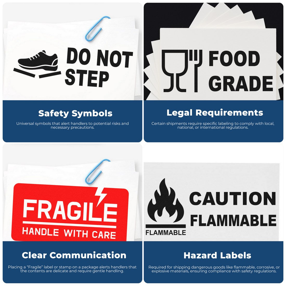 Image of a Self-Inking Single Unit Secondary Box Stamp featuring safety symbols, legal requirements, clear communication, and hazard labels for effective package handling and compliance.