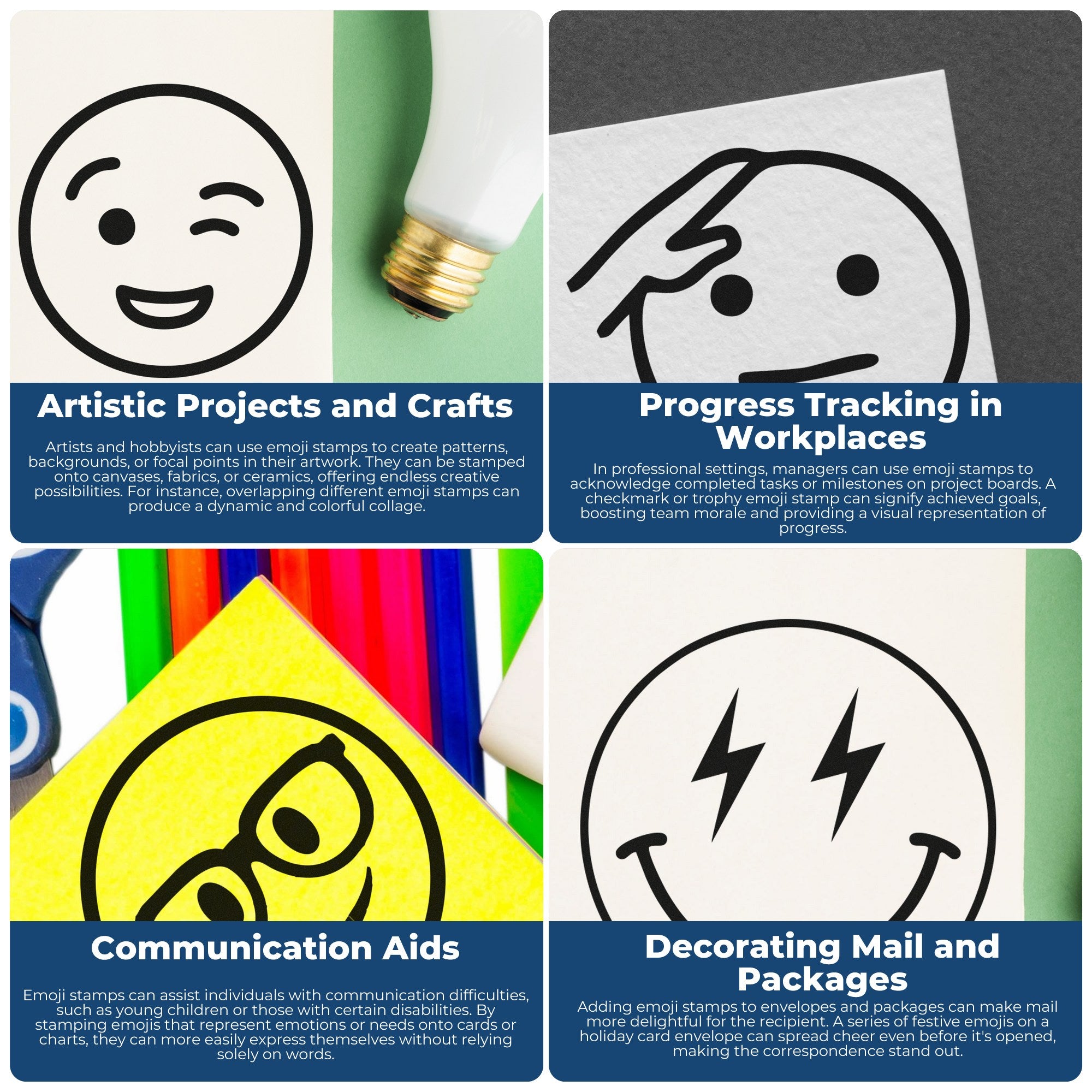 Image of the Self-Inking Grinning Delight Emoji Stamp in use for artistic projects, workplace progress tracking, communication aids, and decorating mail. Features a cheerful grinning emoji design.