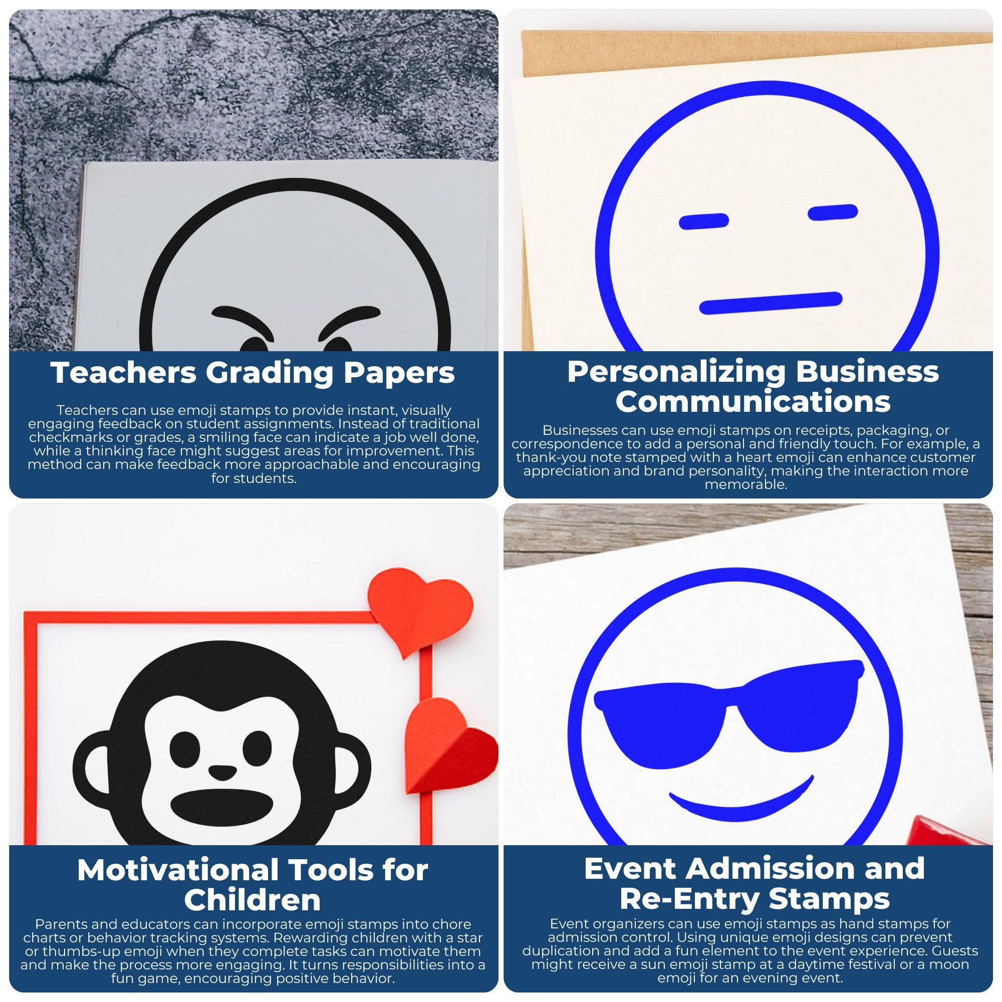 Self-Inking Sweaty Sadface Emoji Stamp in use for grading papers, personalizing business communications, motivating children, and event admissions. Blue emoji design on white background.