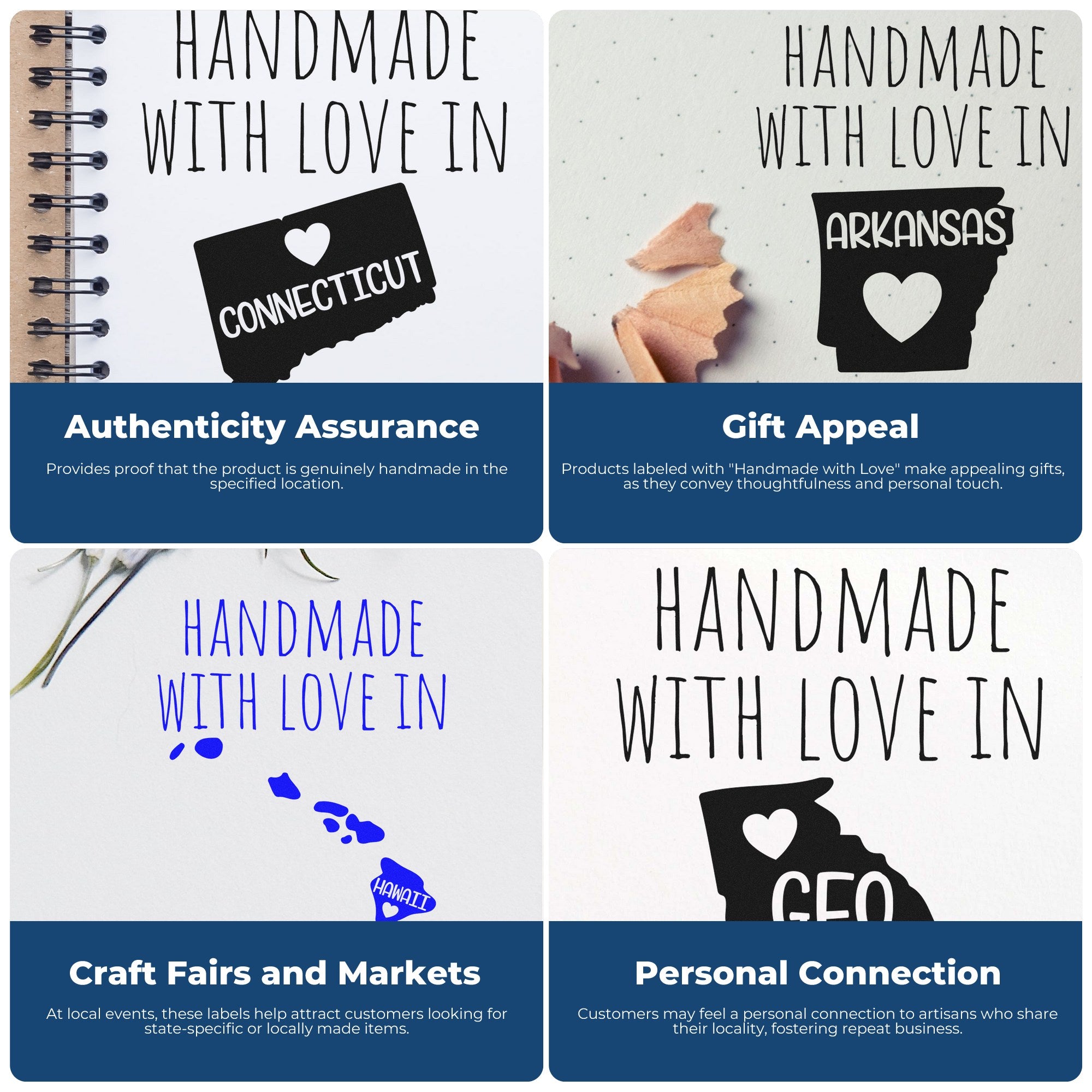 Handmade with Love in Connecticut Slim Pre-Inked Stamp featuring a state outline, ideal for authenticity assurance and personal connection. Perfect for craft fairs and gift appeal.