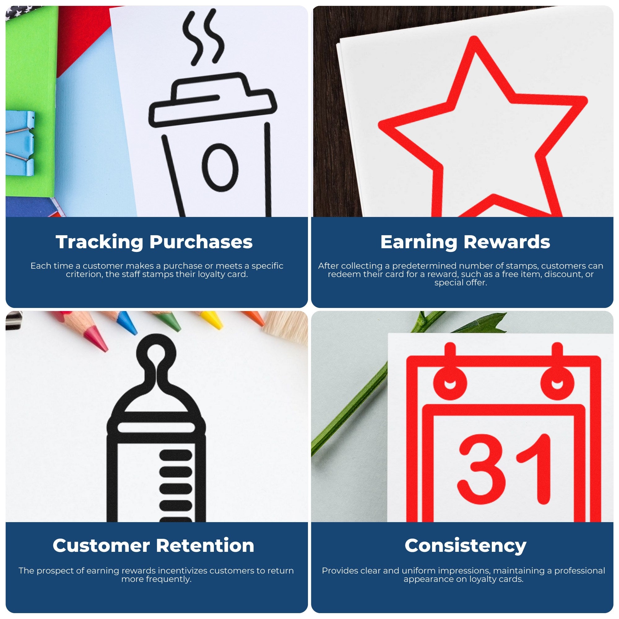 Self-Inking Cycle Of Loyalty Stamp infographic showcasing tracking purchases, earning rewards, customer retention, and consistency with colorful icons and text descriptions.