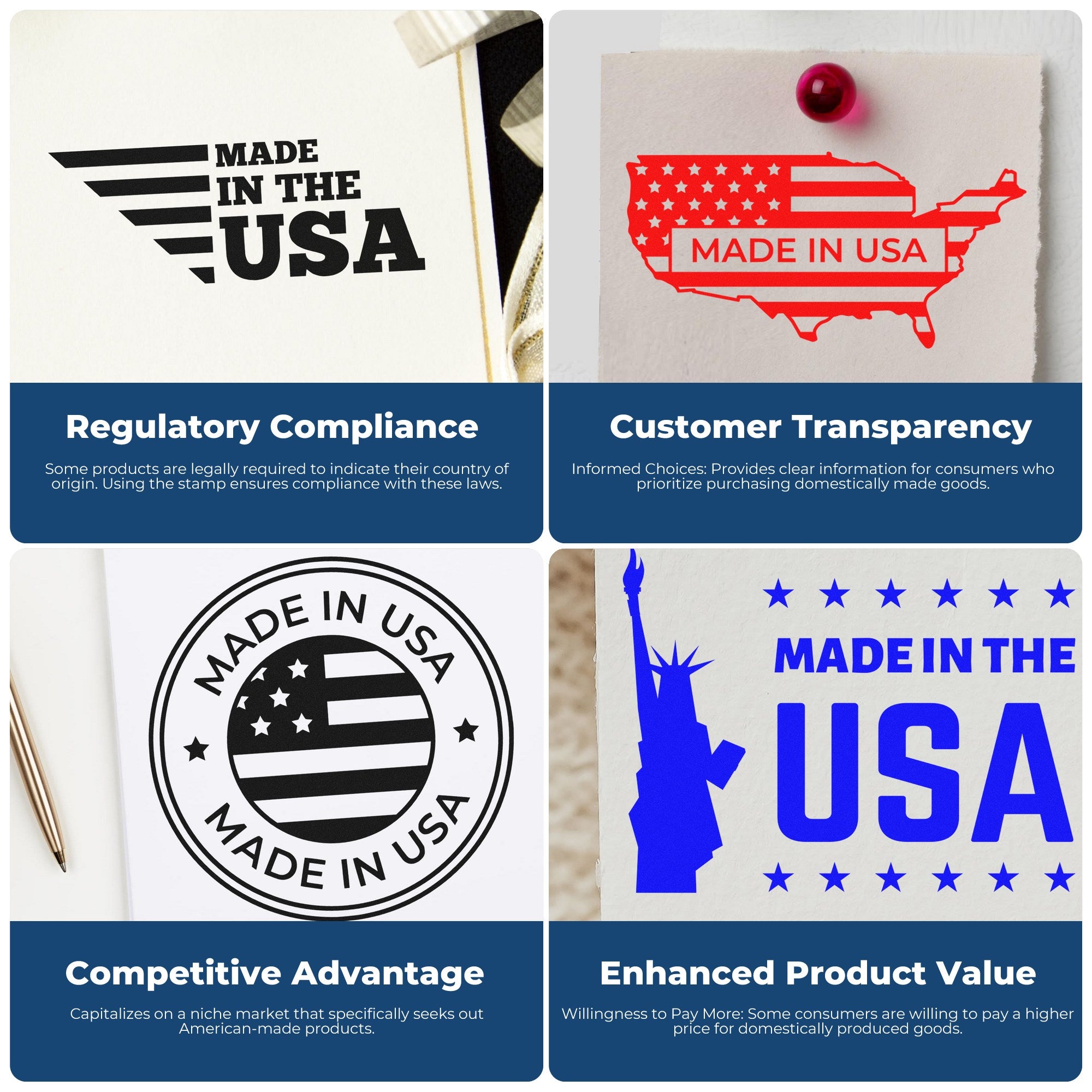 Wood Handle Patriotic and Proud Rubber Stamp featuring 'Made in USA' design, showcasing regulatory compliance, customer transparency, competitive advantage, and enhanced product value.