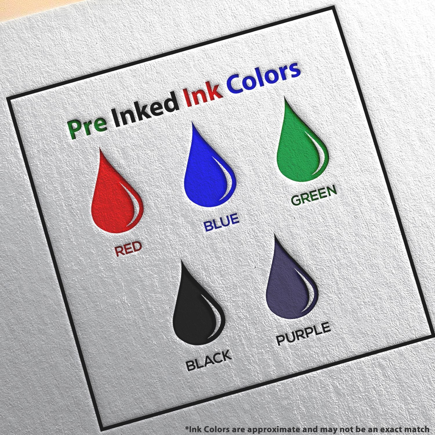 Image of Slim Pre-Inked Stamp Vermont Made in Stamp showcasing five ink colors: red, blue, green, black, and purple, with teardrop shapes on a textured background.