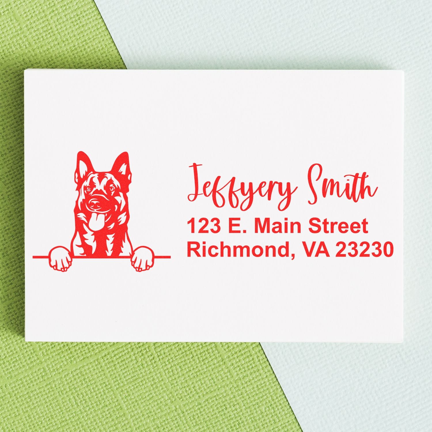 Peeking Belgian Malinois Name and Address Rubber Stamp