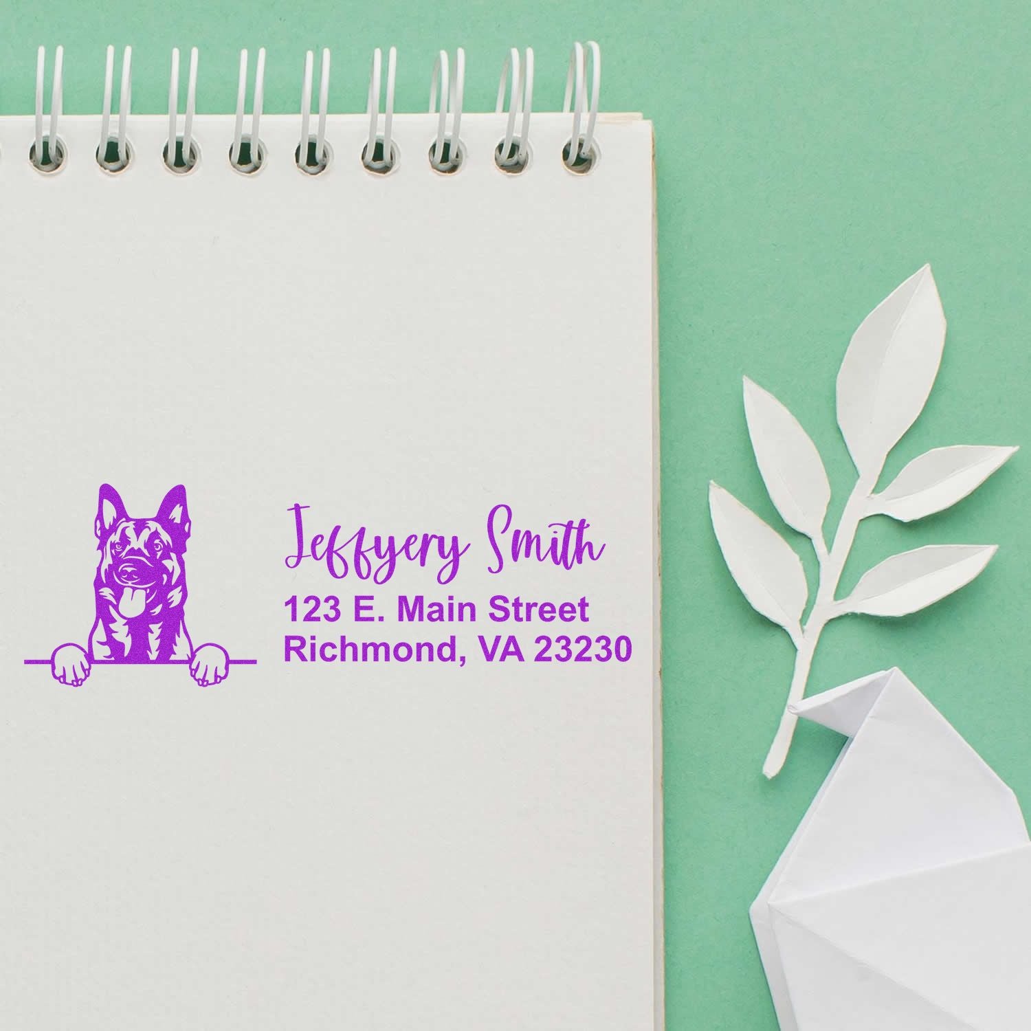 Peeking Belgian Malinois Name and Address Rubber Stamp