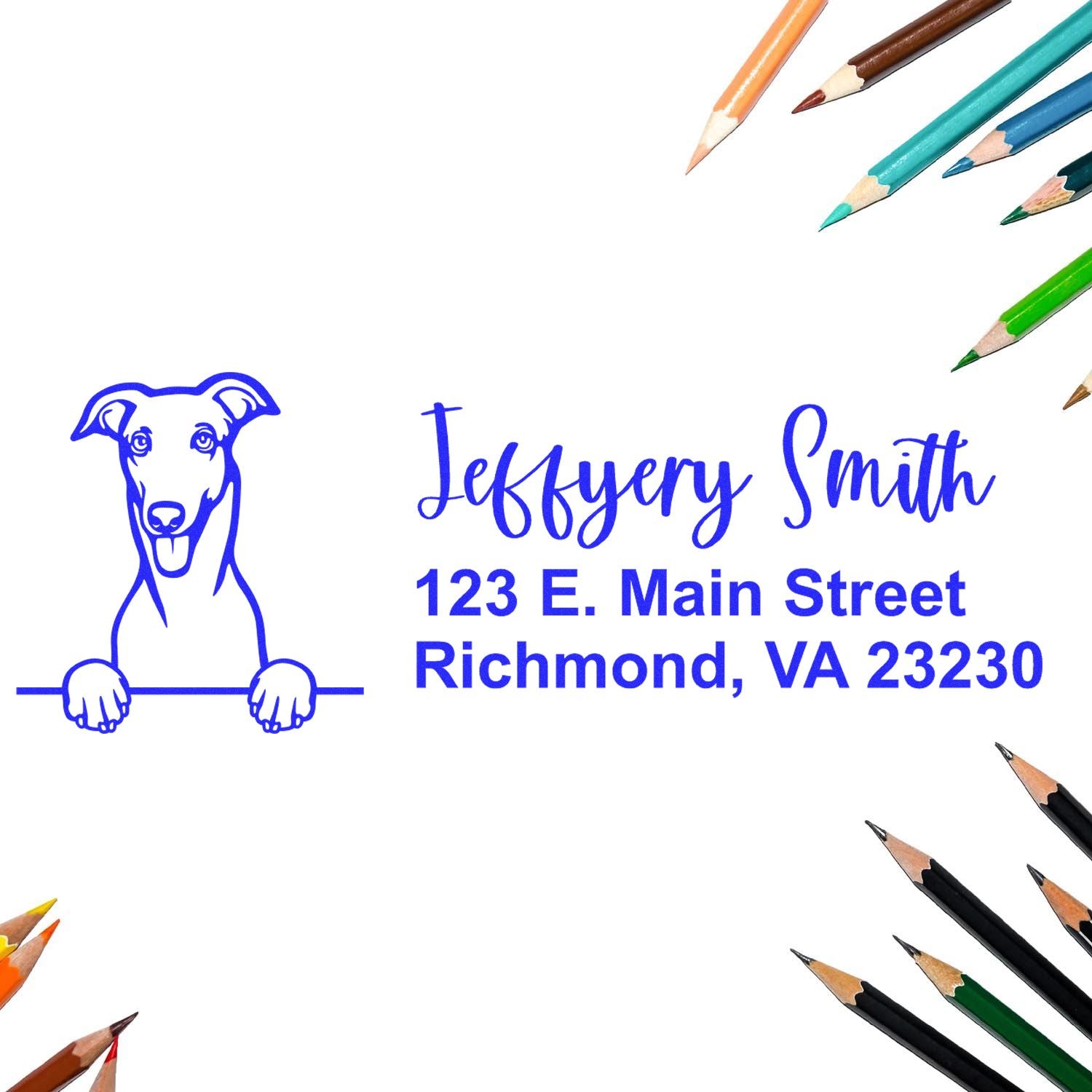 Peeking Greyhound Name and Address Rubber Stamp