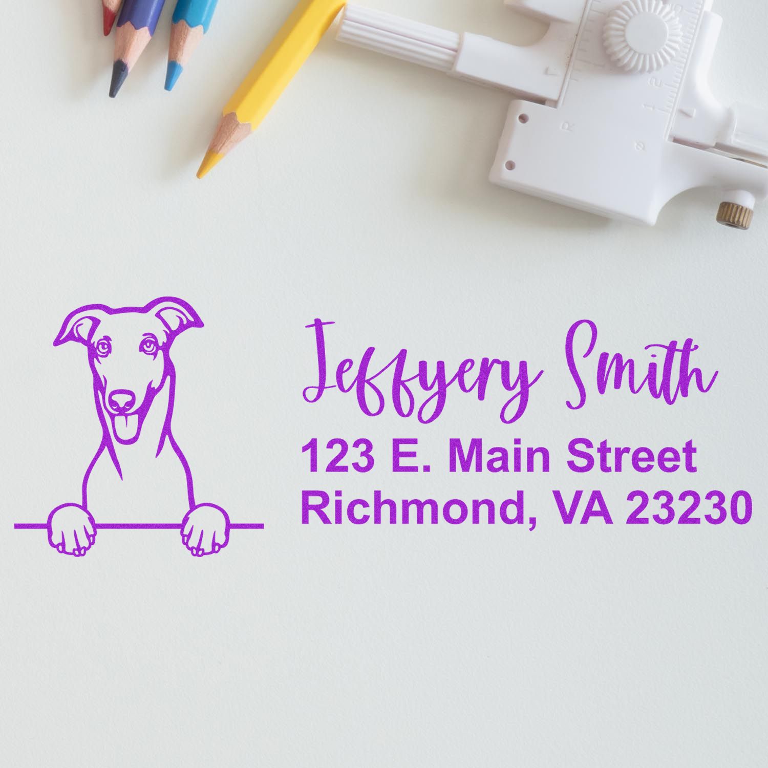 Peeking Greyhound Name and Address Rubber Stamp