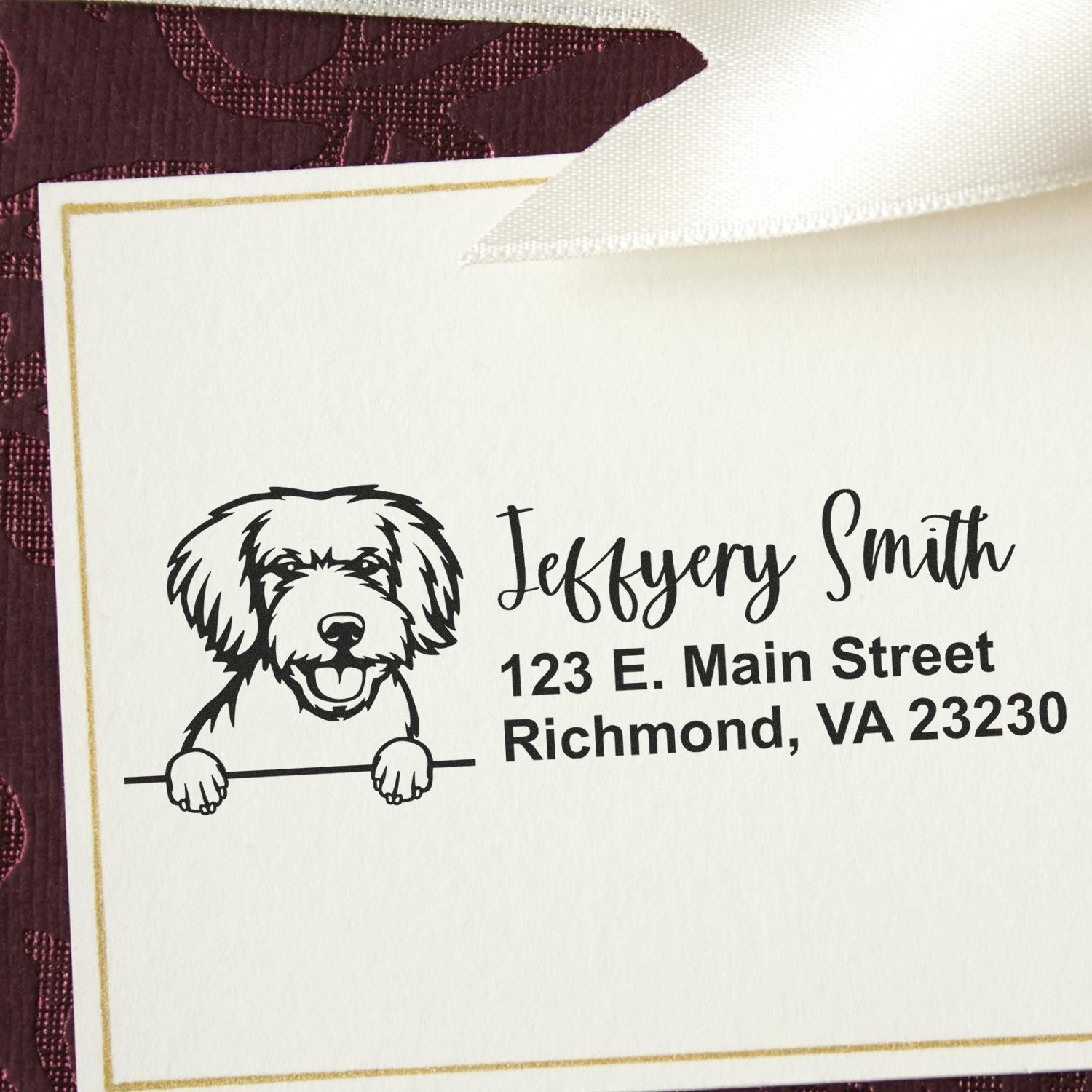 Peeking Miniature Golden Doodle Name and Address Rubber Stamp