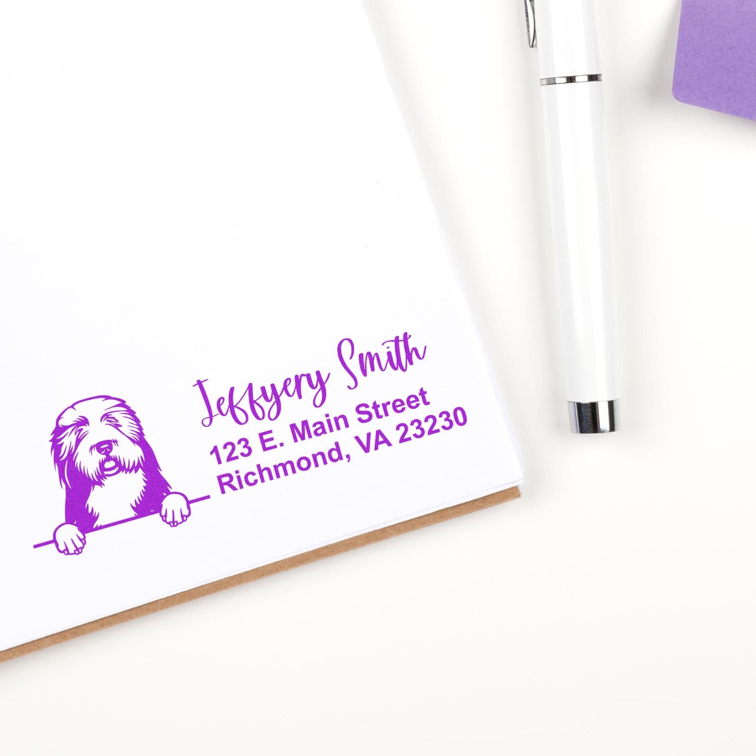 Peeking Old English Sheepdogs Name and Address Rubber Stamp