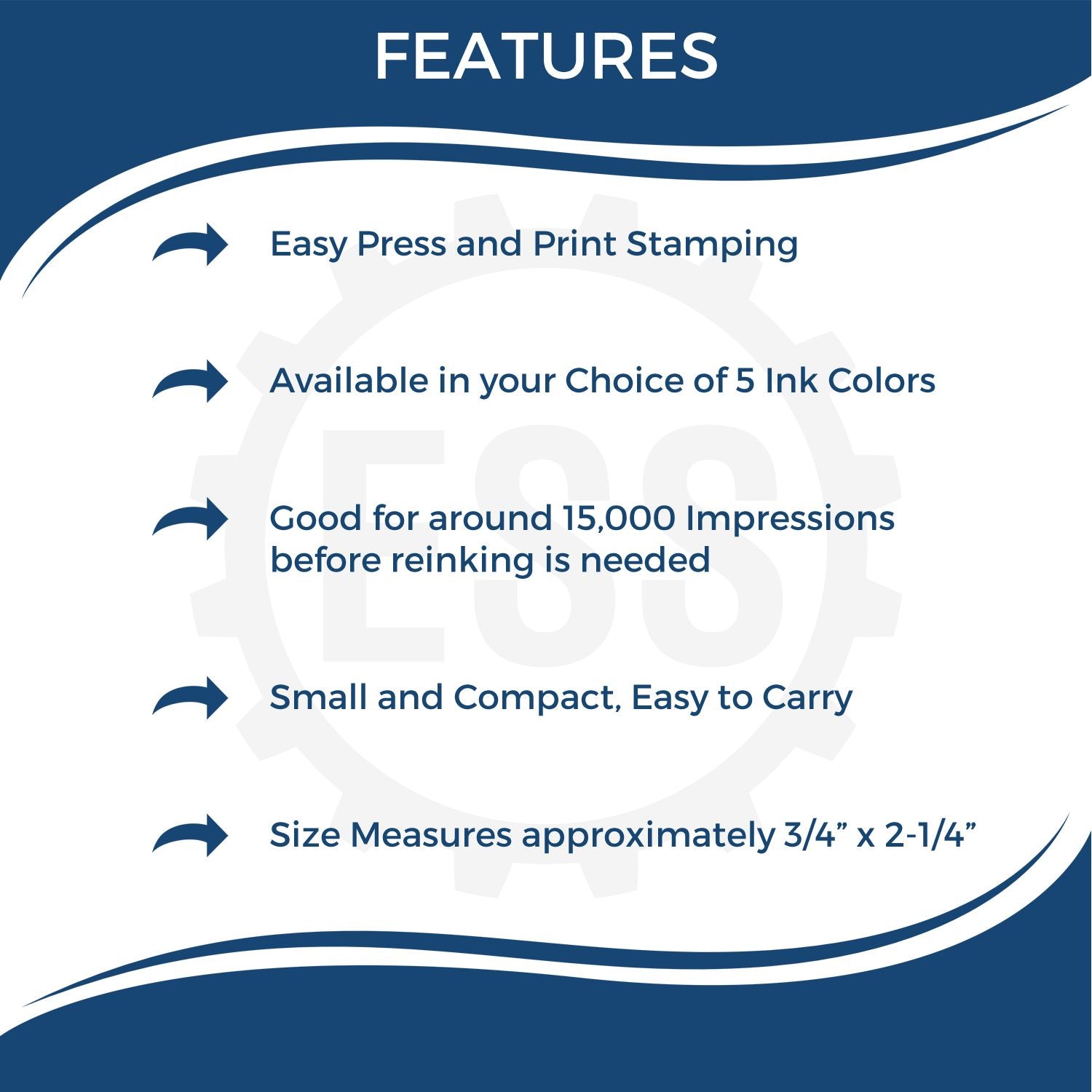 Features of the Large Pre-Inked Bold Banco Stamp: easy press and print, 5 ink colors, 15,000 impressions, compact size 3/4 x 2-1/4 .