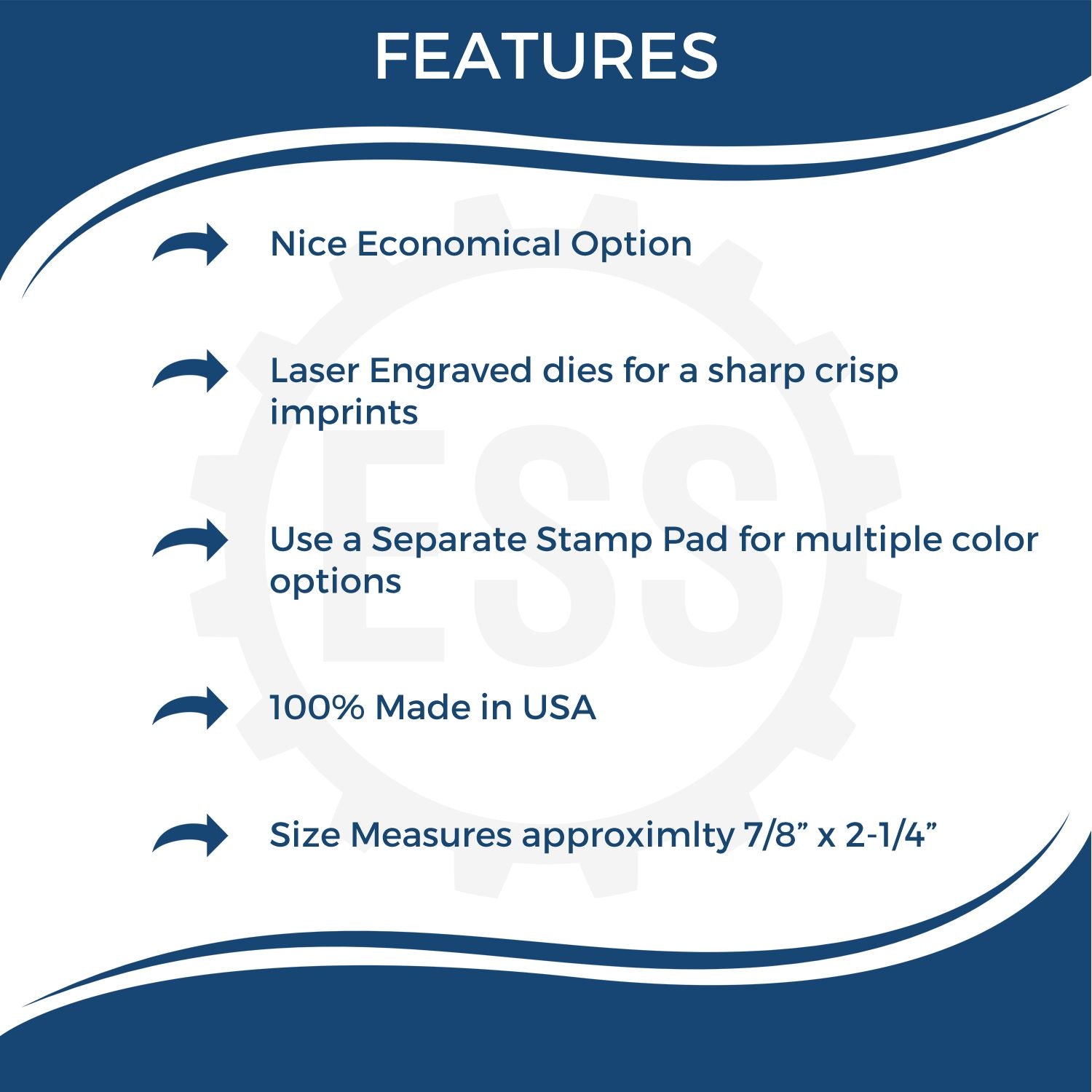 Infographic showing features of the Large E Mail Rubber Stamp: economical, laser engraved, separate stamp pad, 100% made in USA, size 7/8 x 2-1/4 .