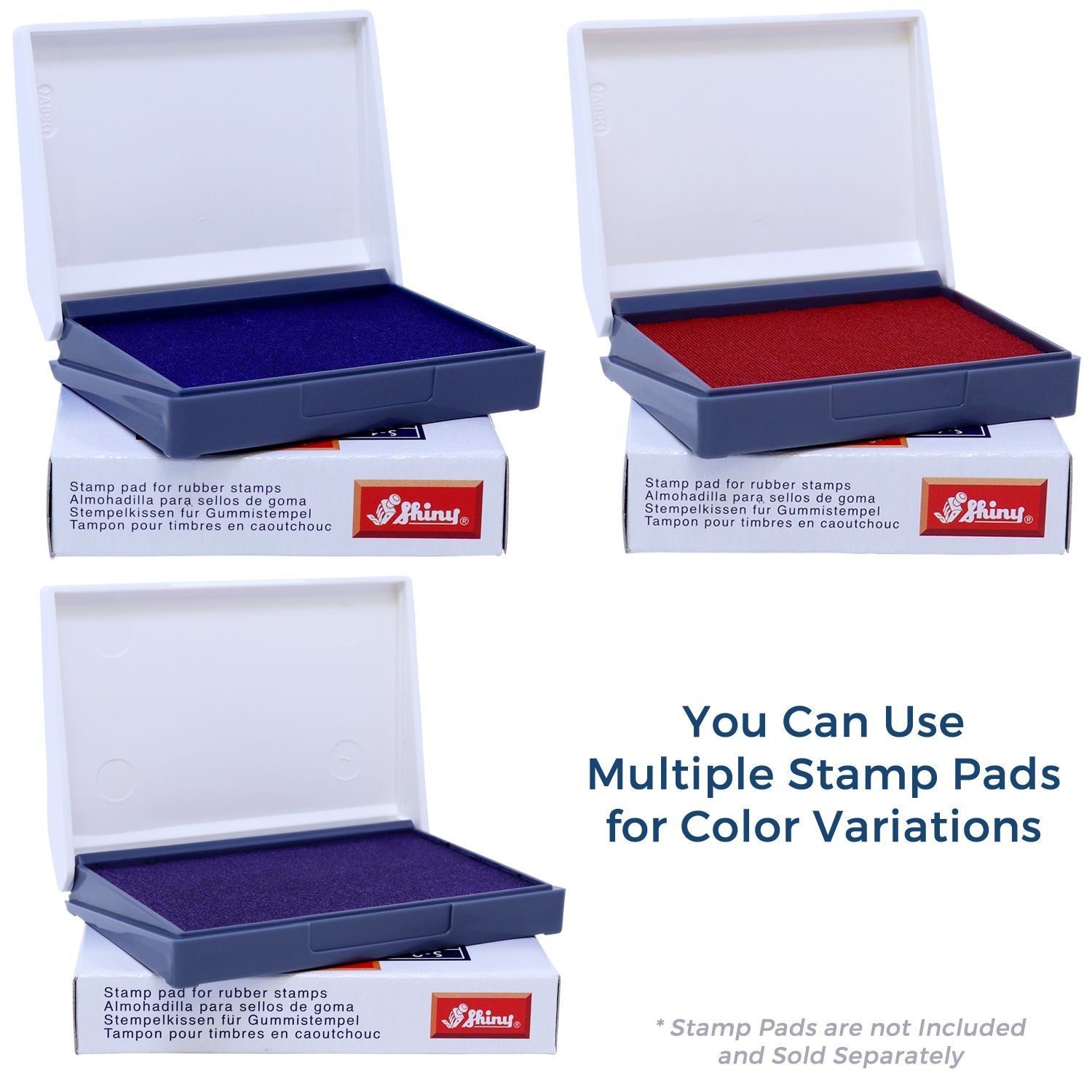 Image of three open stamp pads in black, red, and blue. Text reads: You can use multiple stamp pads for color variations. Stamp pads are compatible with the Arkansas State Custom Return Address Stamp.