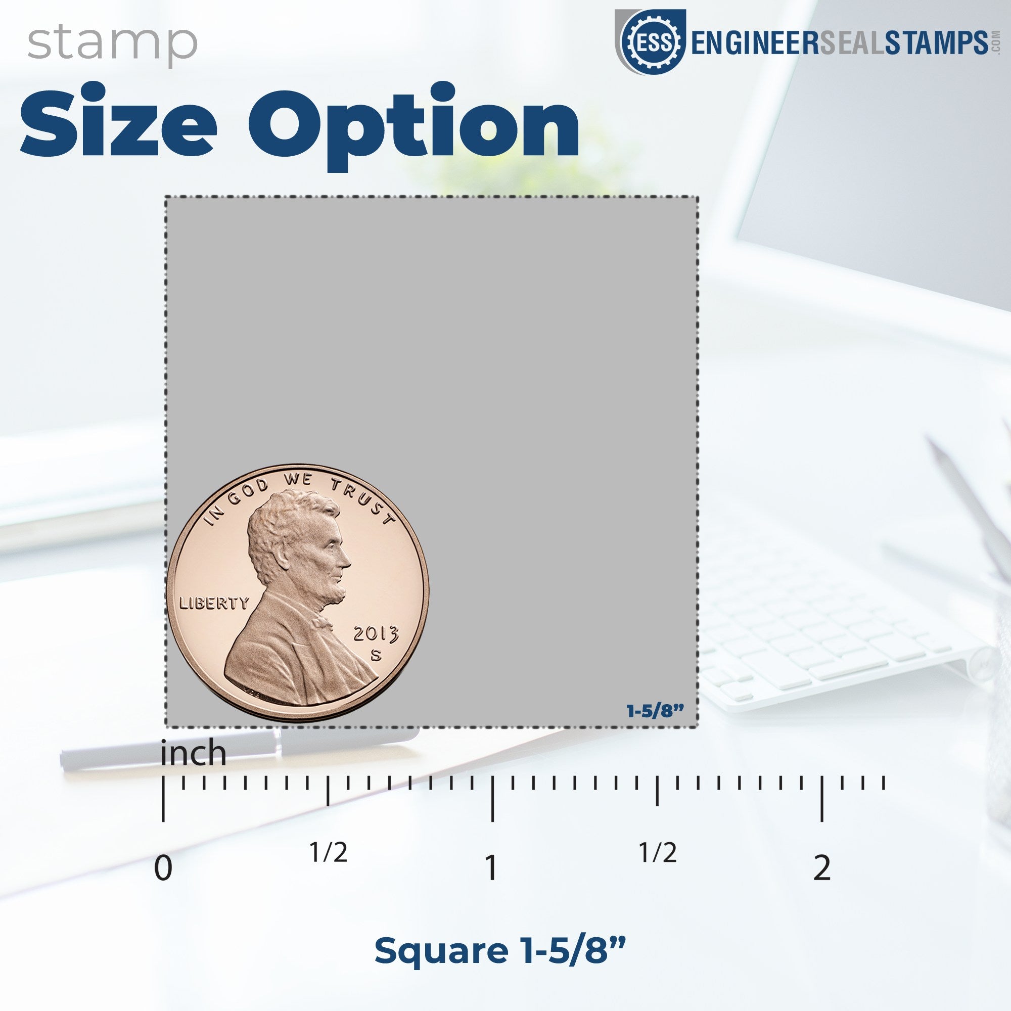 Image of Slim Pre-Inked Stamp Illinois Made in Stamp, showcasing a square 1-5/8 inch size option with a coin for scale, highlighting precision and compact design.