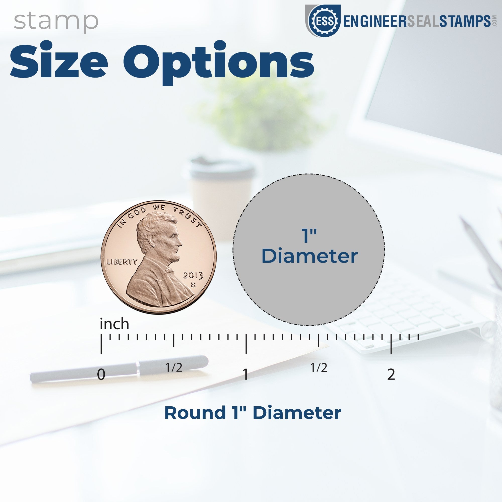 Image showing the Self-Inking Sweaty Sadface Emoji Stamp with a round 1 diameter, size comparison with a penny, and a ruler for scale. Ideal for adding a fun touch to documents.