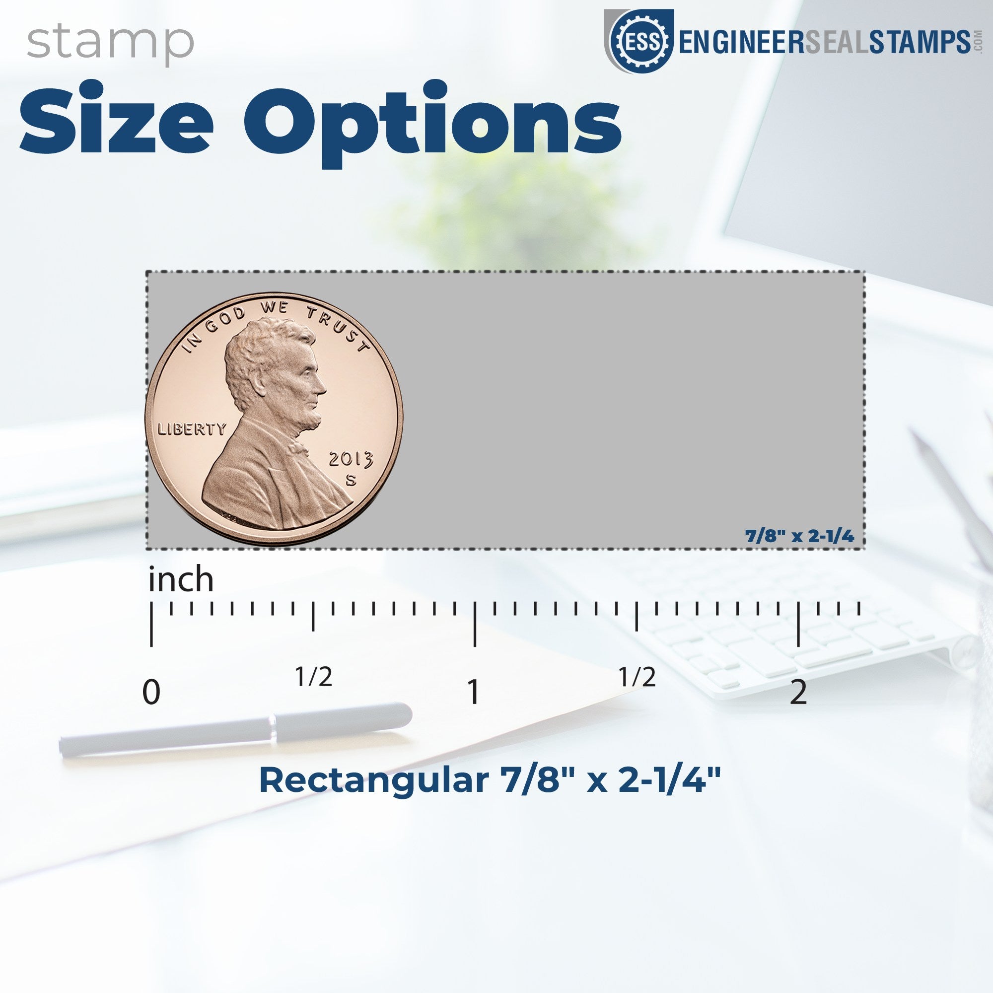 Image showing size options for the Illinois State Pride Customized Address Stamp. A rectangular area, 7/8 x 2-1/4 , is compared to a penny for scale, with a ruler indicating dimensions.