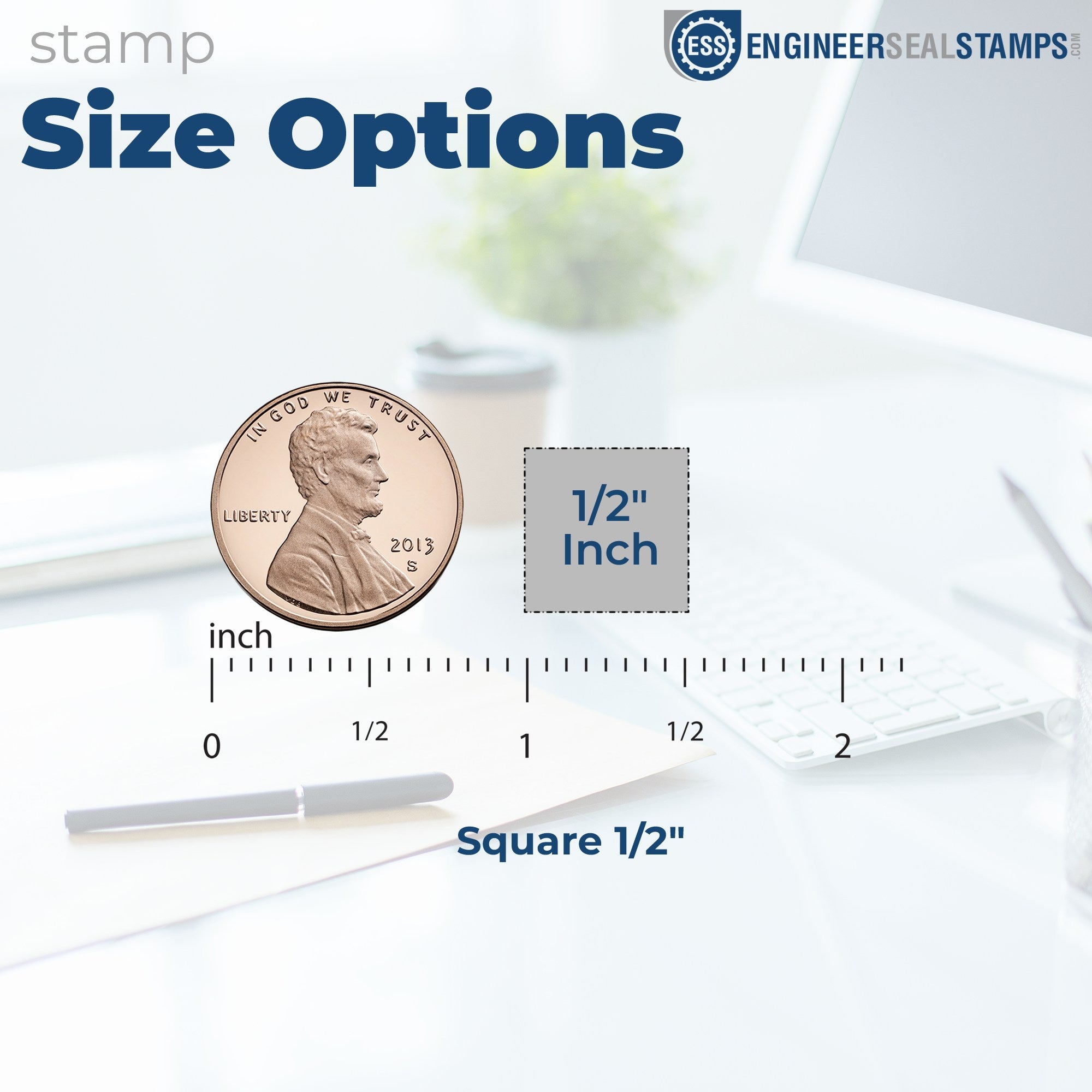 Image of the Self-Inking Techie Punch Card Stamp, featuring a compact design with a 1/2 inch square impression size, shown alongside a ruler and a penny for scale comparison.