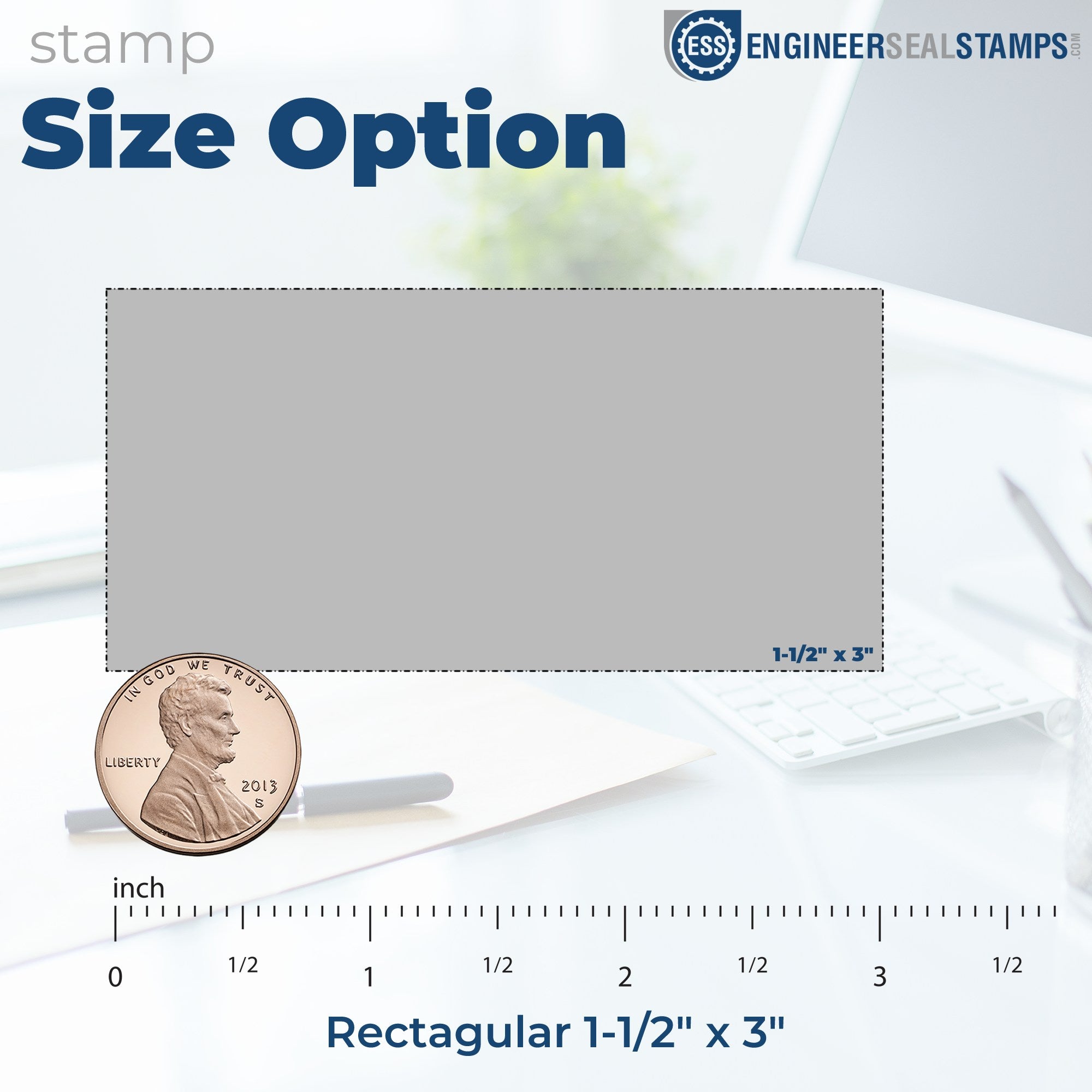 Image of Slim Pre-Inked Lithium Ion Battery Warning Stamp, featuring a rectangular design measuring 1-1/2 x 3 , with a size comparison to a penny.