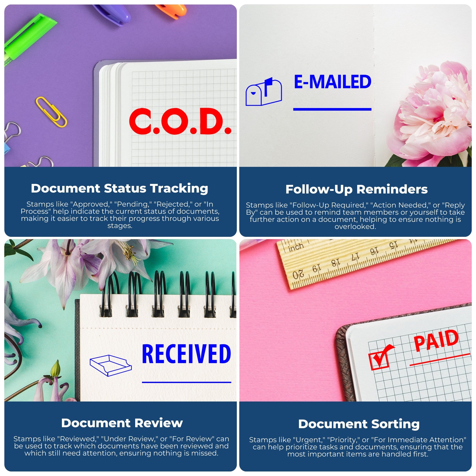 A collage of various document types, featuring Xstamper stamp images, showcasing their unique designs and applications.