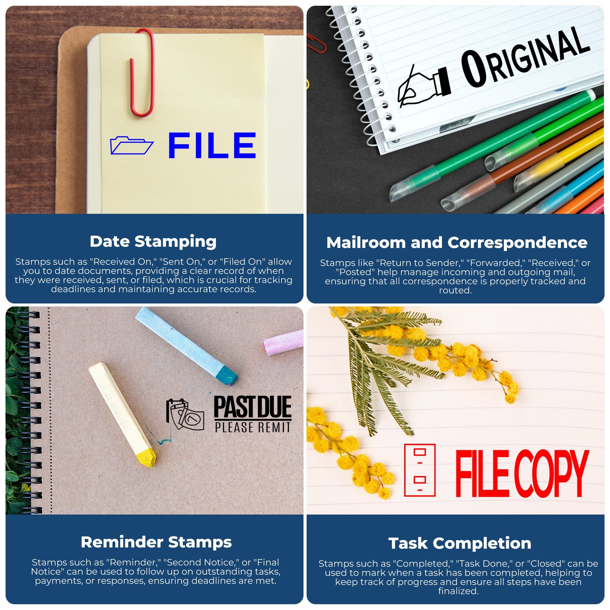 A collage showcases different Xstamper stamp images for file organization: "File," "Original," "Past Due," and "File Copy".