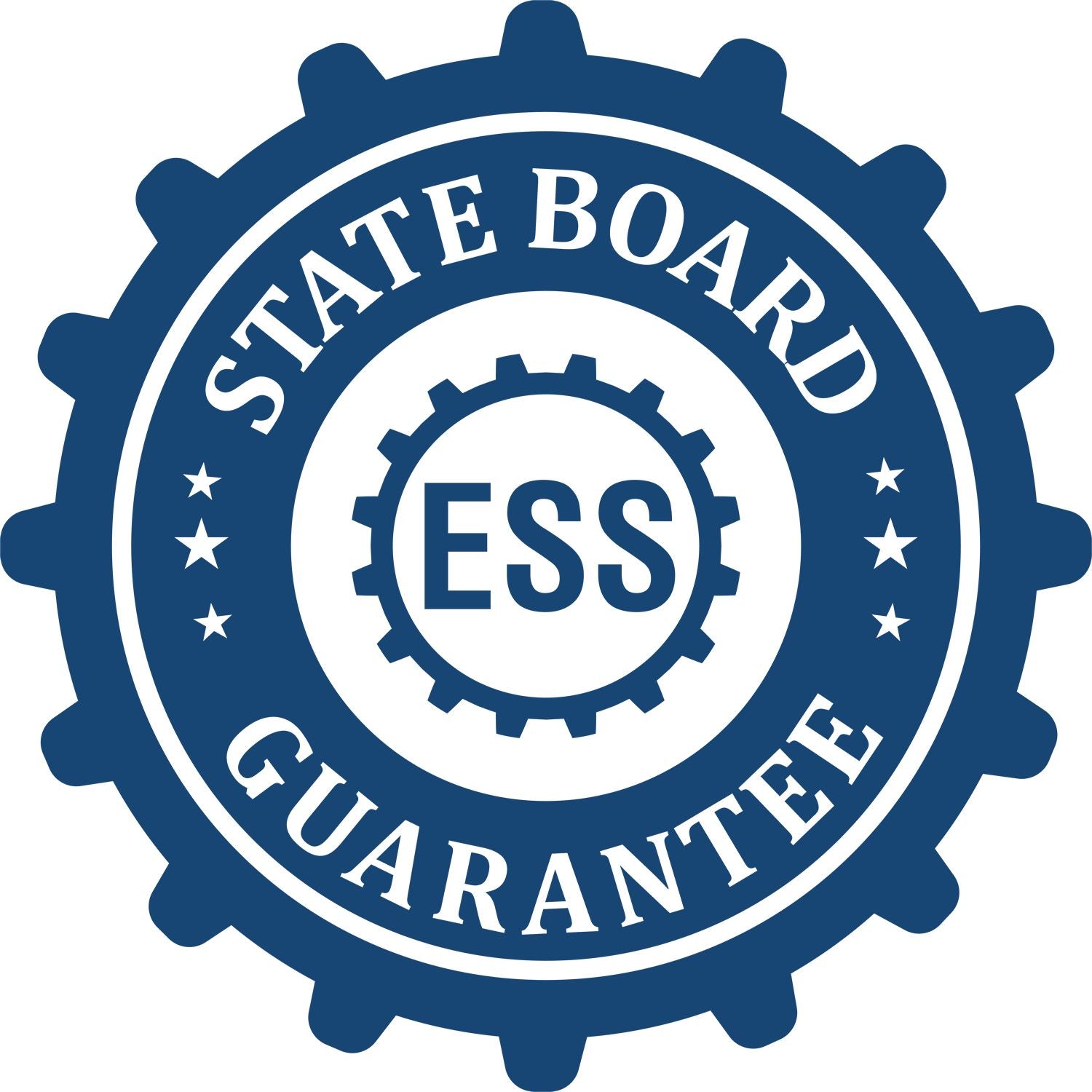 State Board Guarantee seal in blue, featuring the product name Landscape Architect Blue Soft Seal Embosser with ESS in the center.