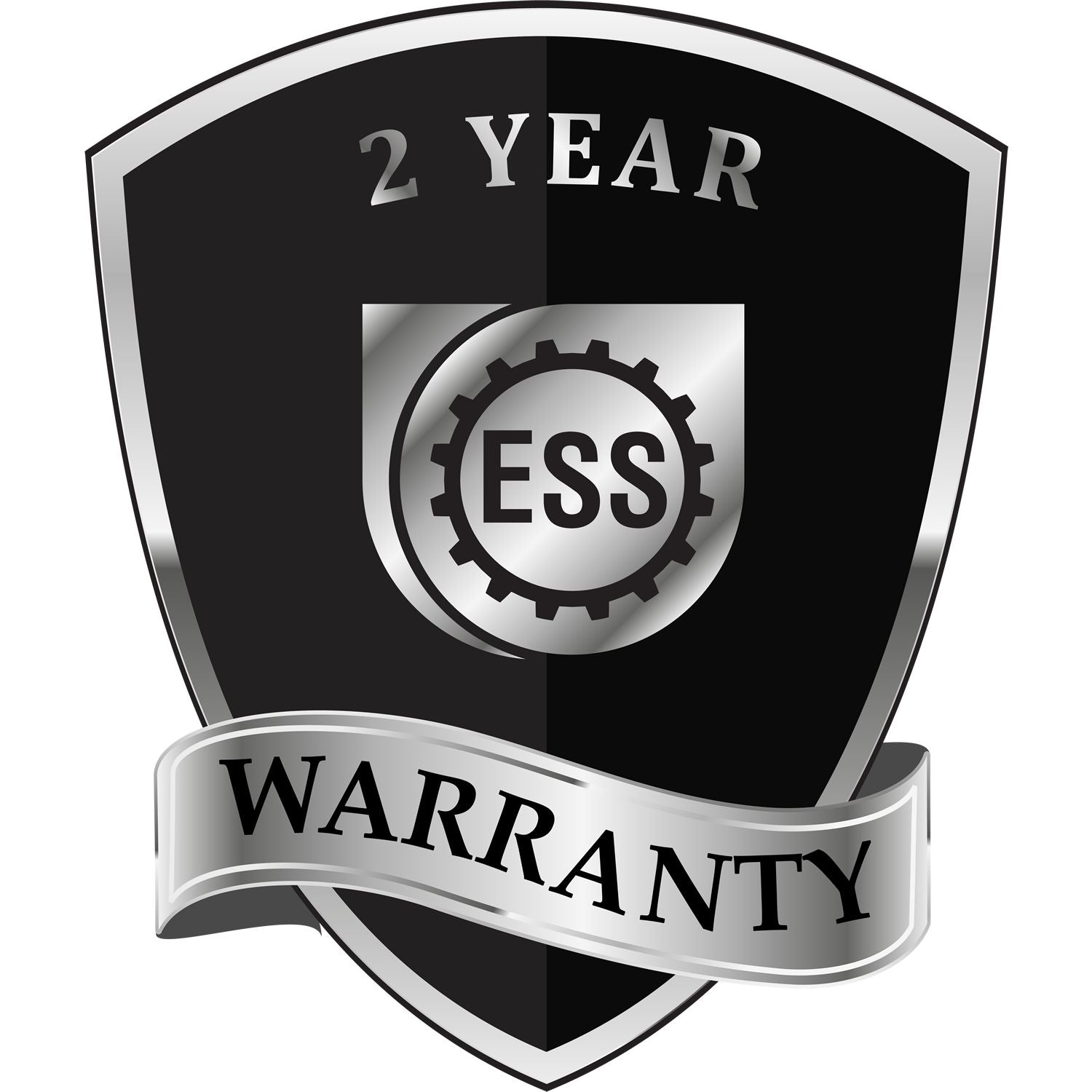 Black and silver shield with 2 Year Warranty text, featuring the ESS logo, promoting the Real Estate Appraiser Hybrid Seal Embosser.